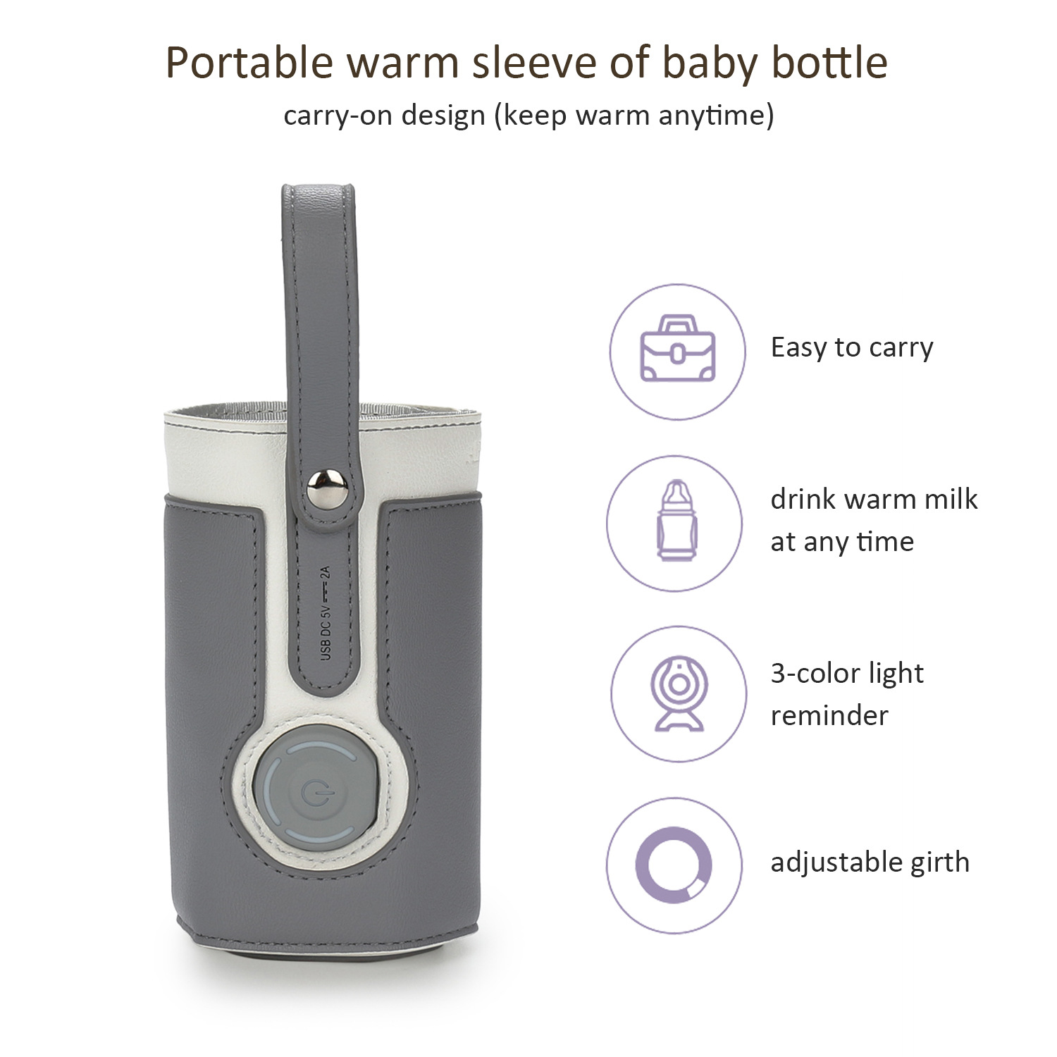Babyflaschenwärmer in Grau und Weiß, mit Griff und Knopf, mit Symbolen für einfaches Tragen, warme Milch usw.