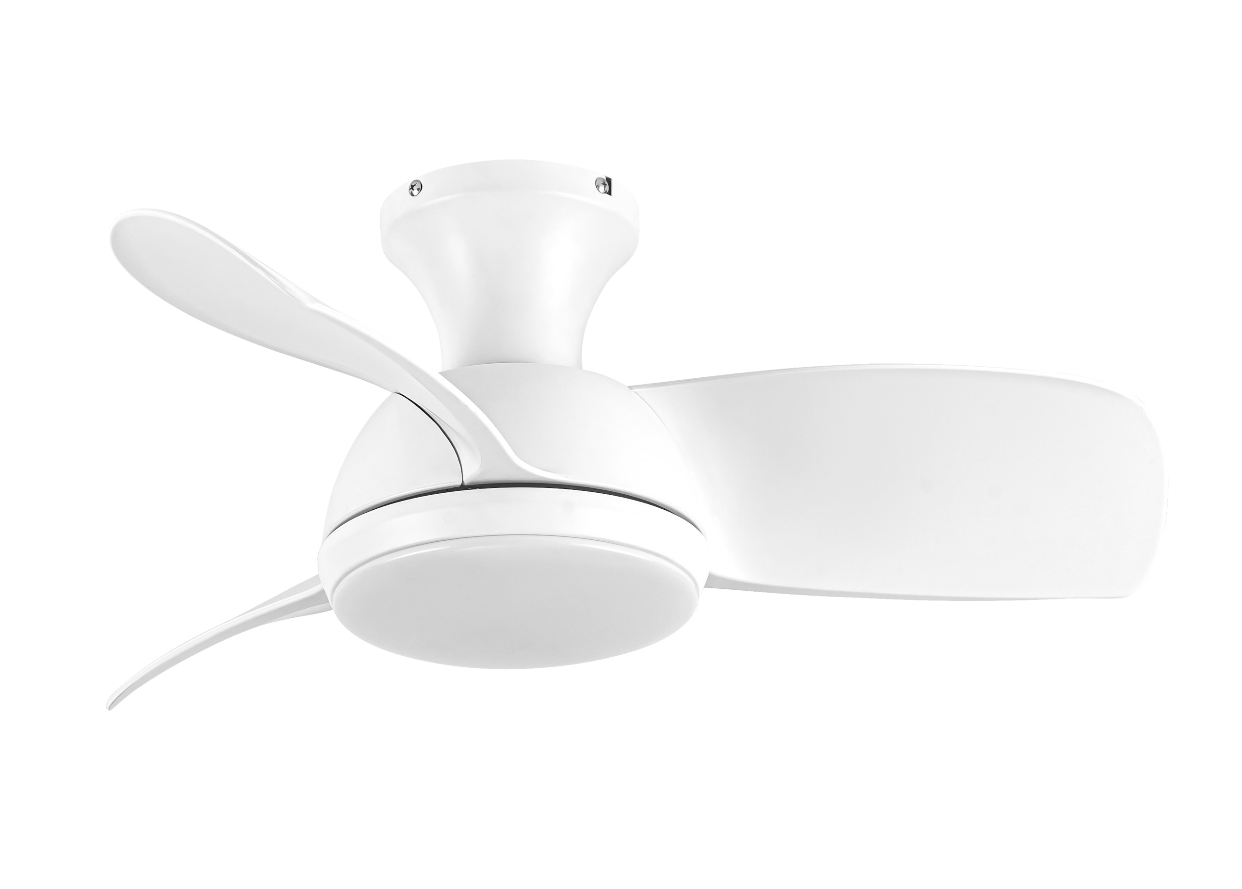 Weißer Deckenventilator mit drei Flügeln, isoliert auf weißem Hintergrund. Seitenansicht.