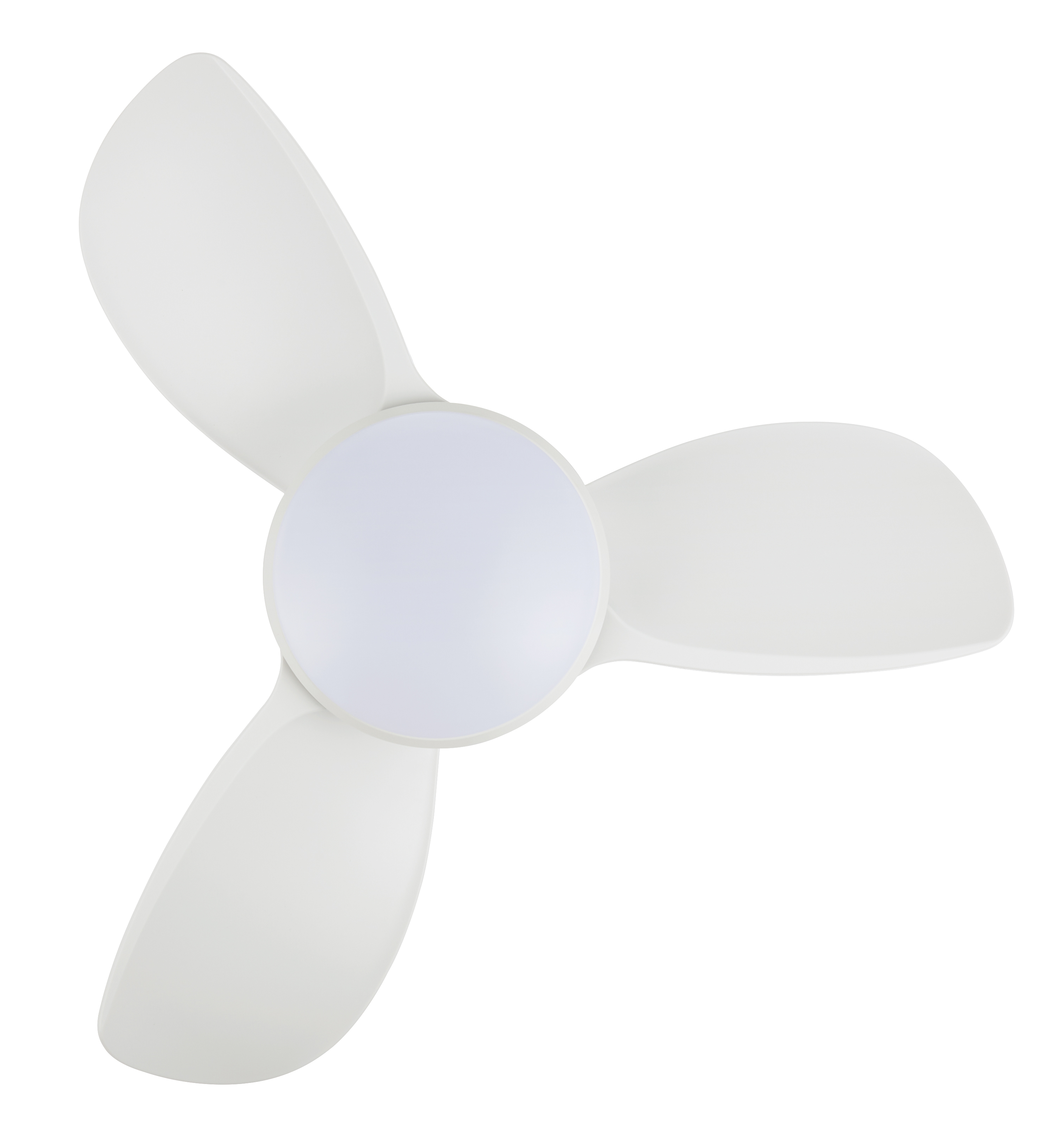 Weißer Deckenventilator mit drei Flügeln, zentriert auf weißem Hintergrund.
