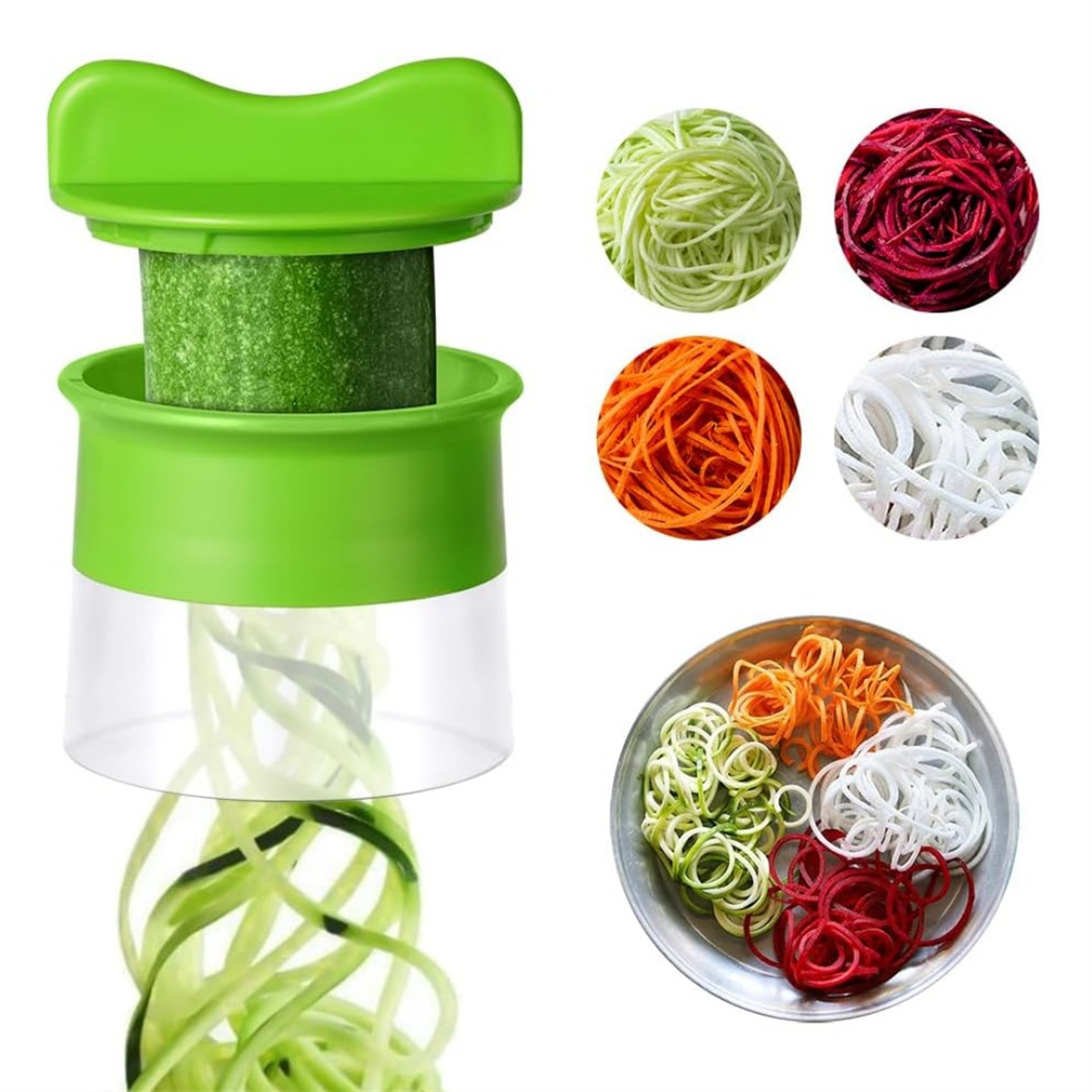 Grüner Gemüsespiralschneider mit Gemüse-Spiralen und einem Teller voller Spiralen.