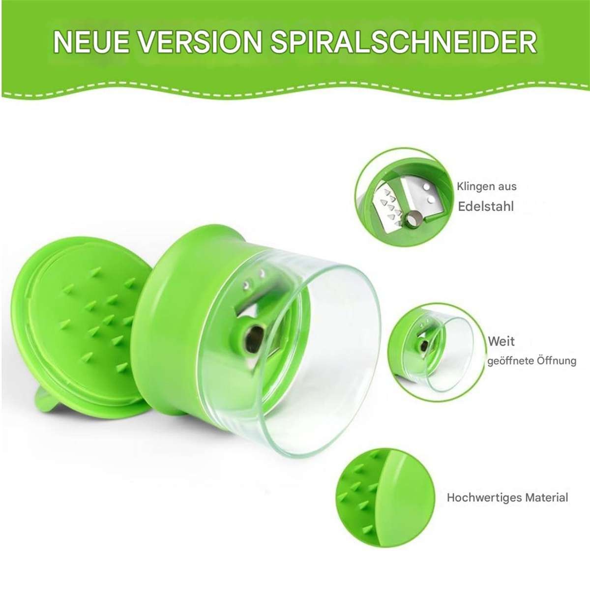 Ein zerlegter grüner Spiralschneider mit Komponenten, die mit Etiketten und Details angezeigt werden.