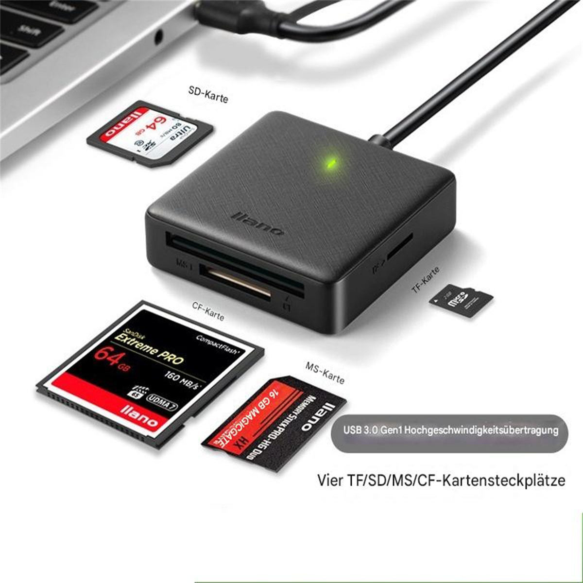 Ein schwarzer Kartenleser mit mehreren SD-Karten, einer SD-Karte und einem Kabel, das mit einem Laptop verbunden ist.