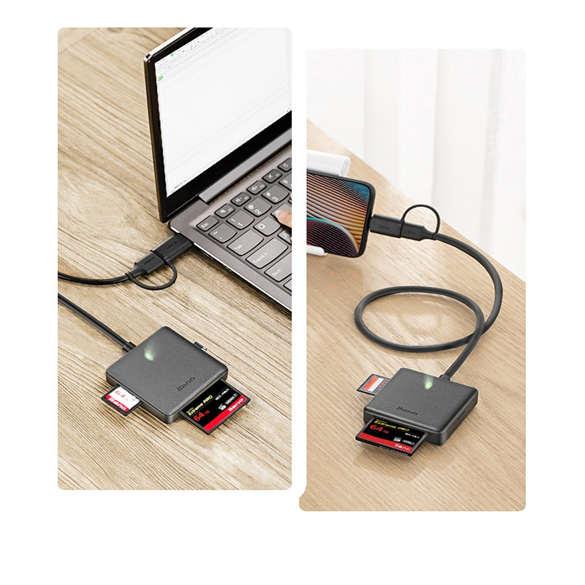 Zwei Bilder: ein Laptop, der mit einem Kartenleser verbunden ist, und ein Telefon, das mit demselben Lesegerät verbunden ist.