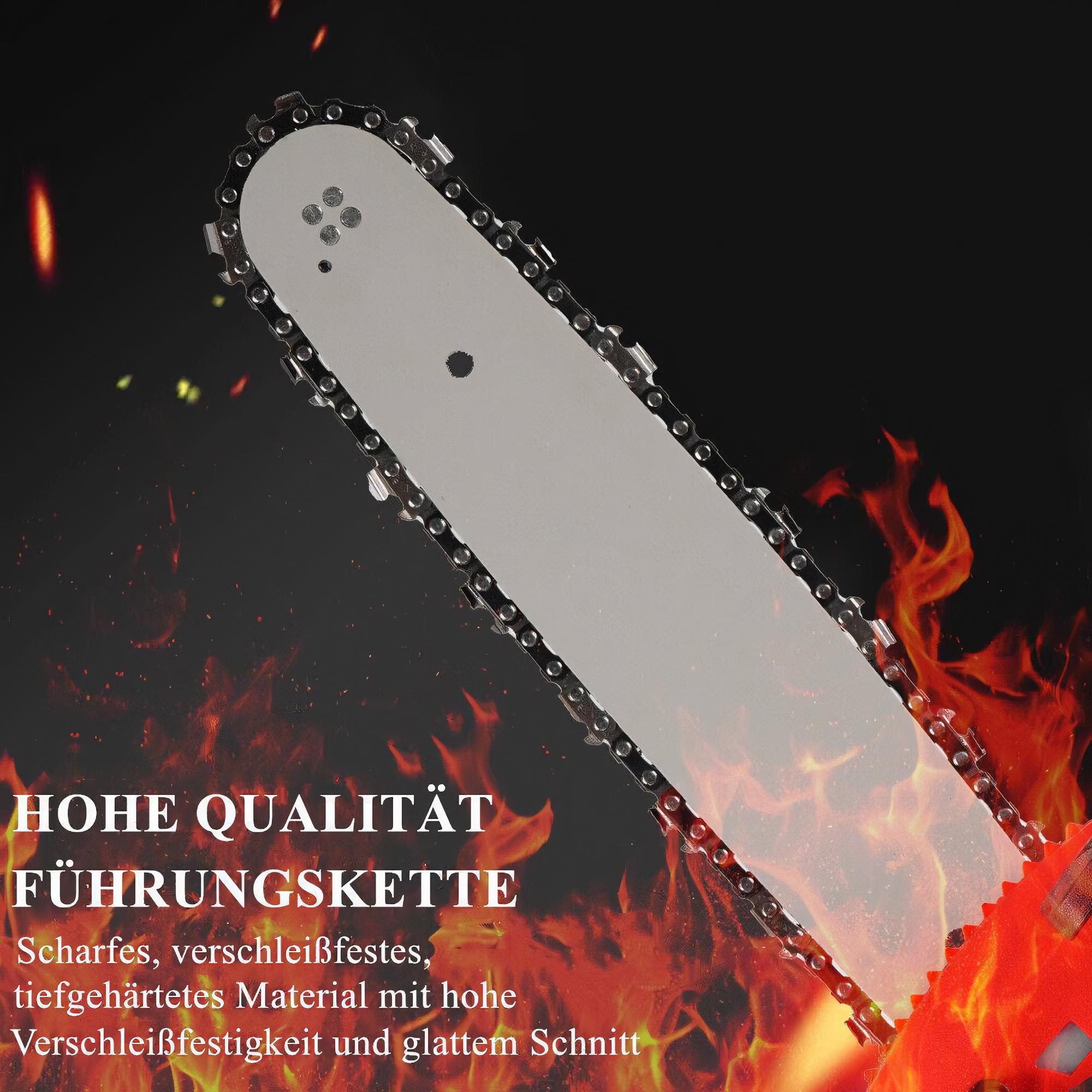 Eine Kettensägenklinge mit Text über ihre Qualität auf Feuer.