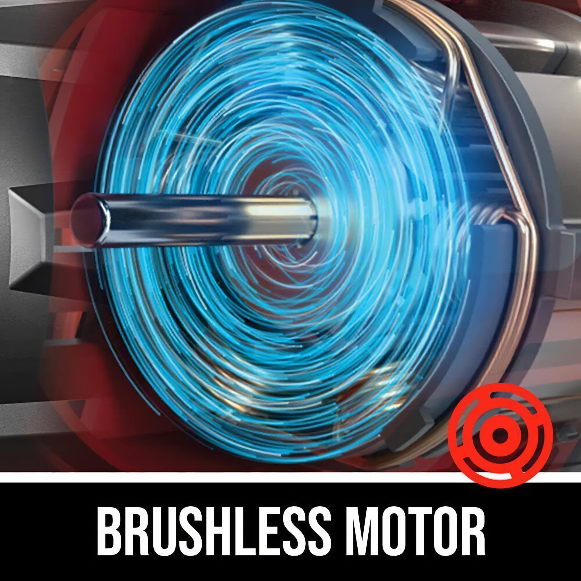 Nahaufnahme eines Motors mit wirbelnder blauer Energie im Inneren, beschriftet mit „Bürstenloser Motor“.