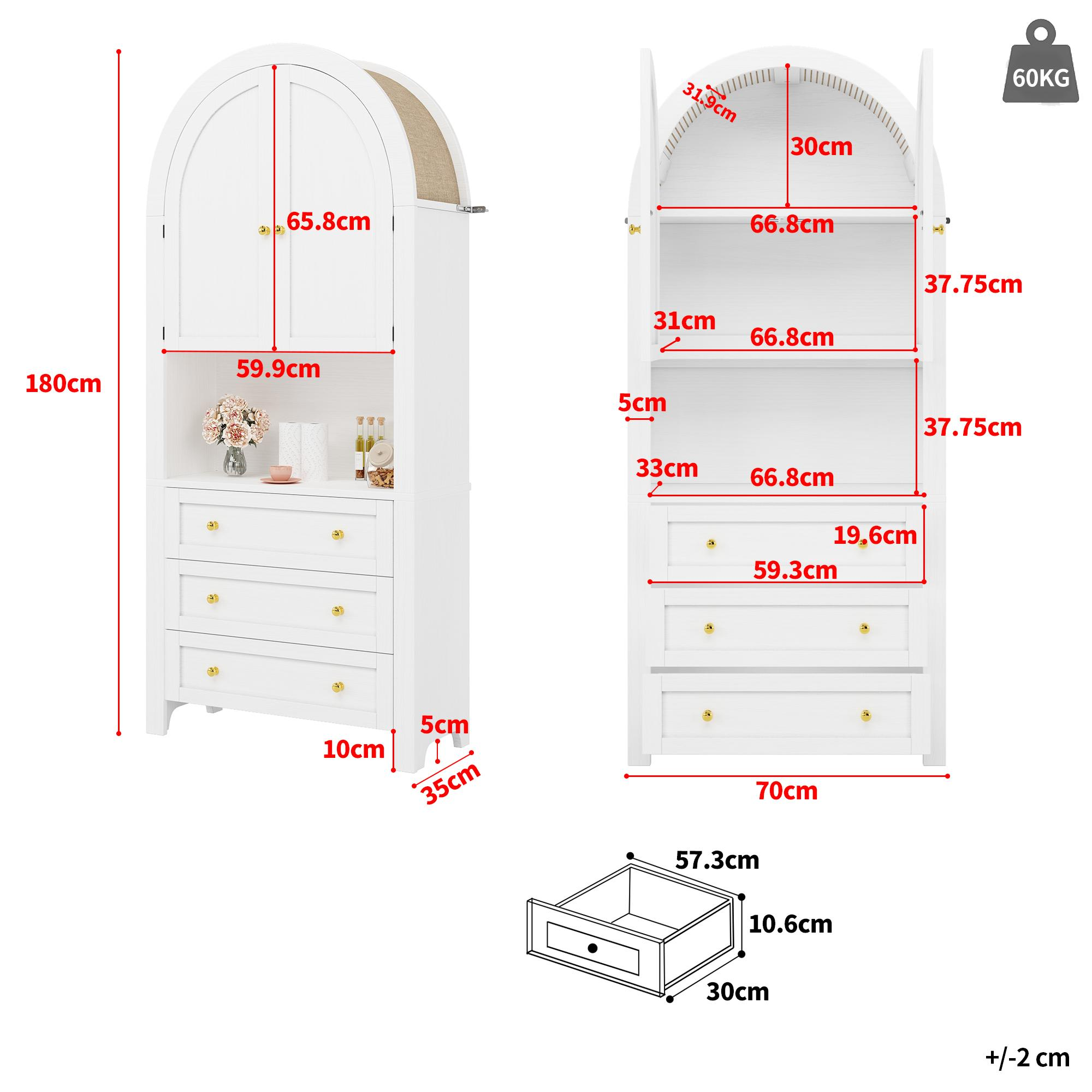 Weißer Schrank mit Schubladen, Maße beschriftet, und oberem Regal.