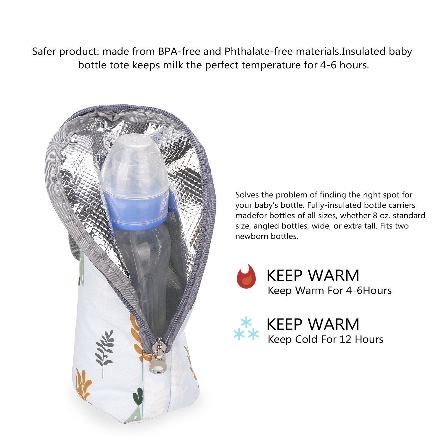 Isolierte Babyflaschentasche mit Flasche, Text zur Temperaturkontrolle.