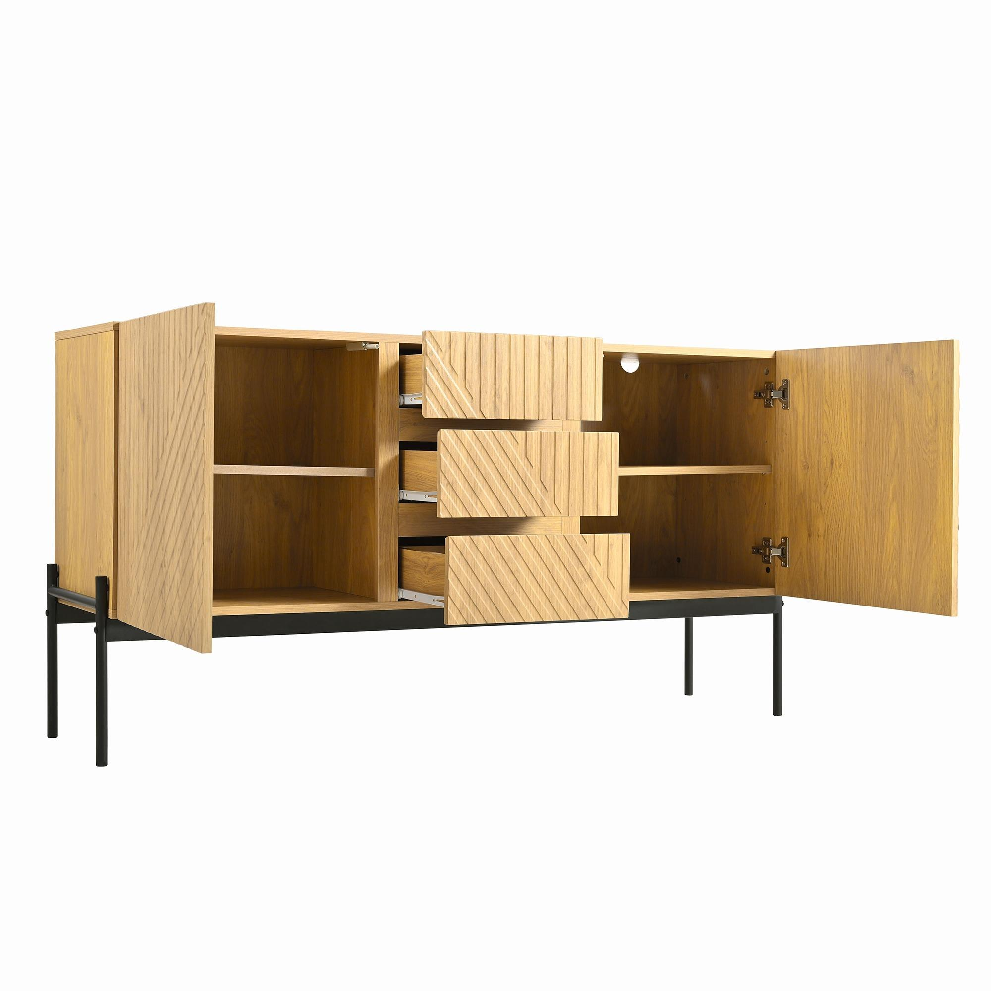 Sideboard aus Holz mit offenen Türen, Schubladen und schwarzen Beinen.