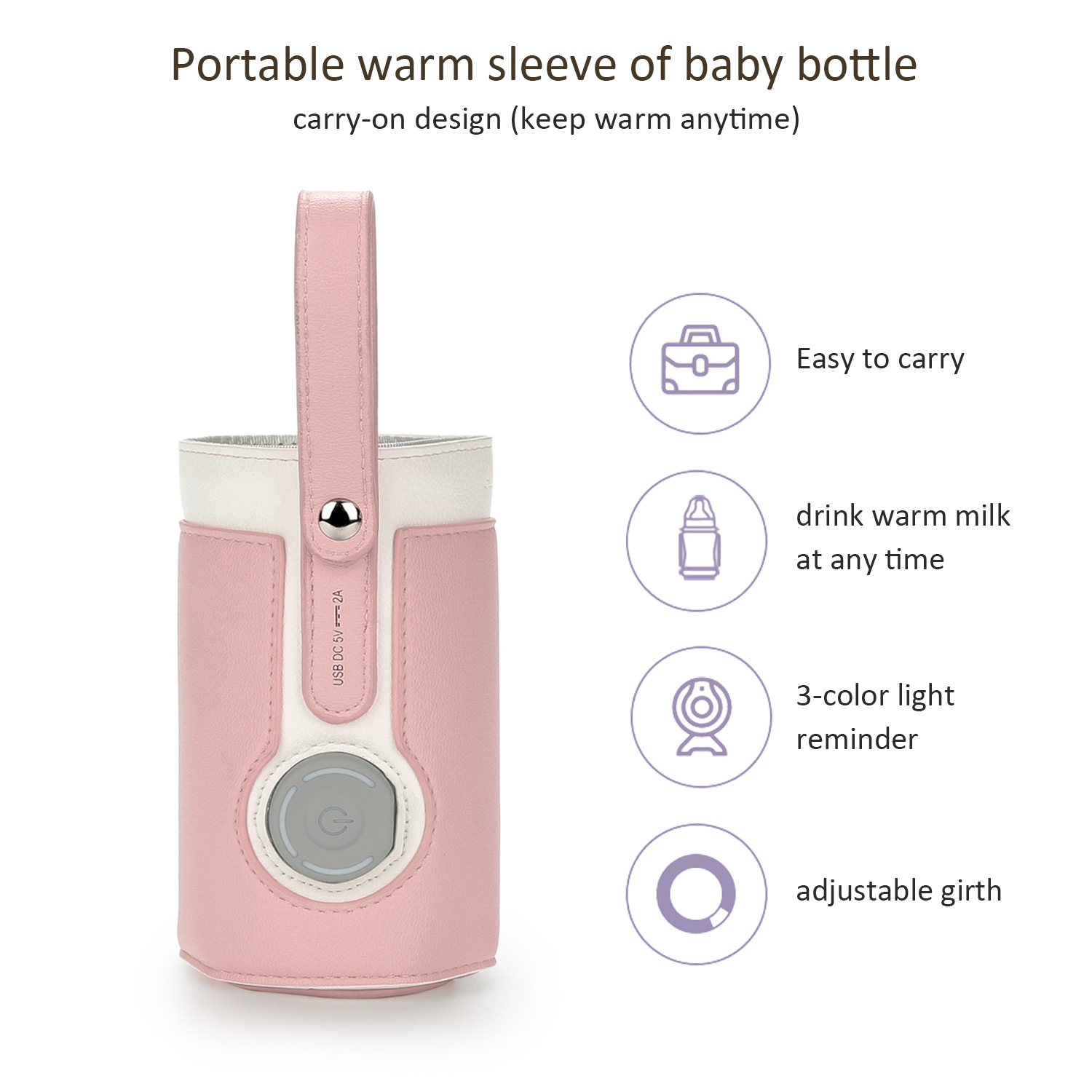 Rosa Babyflaschenwärmer mit weißem Oberteil. Es hat einen Griff und eine graue Steuertaste. Der Text zeigt seine Funktionen.
