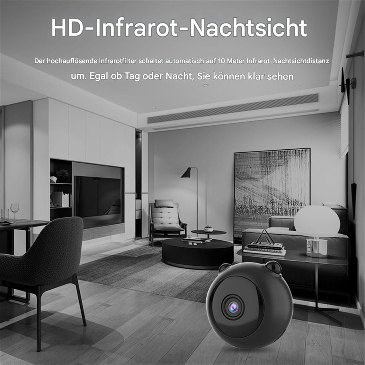 Schwarze Kamera in einem modernen Wohnzimmer. Text: HD-Infrarot-Nachtsicht.