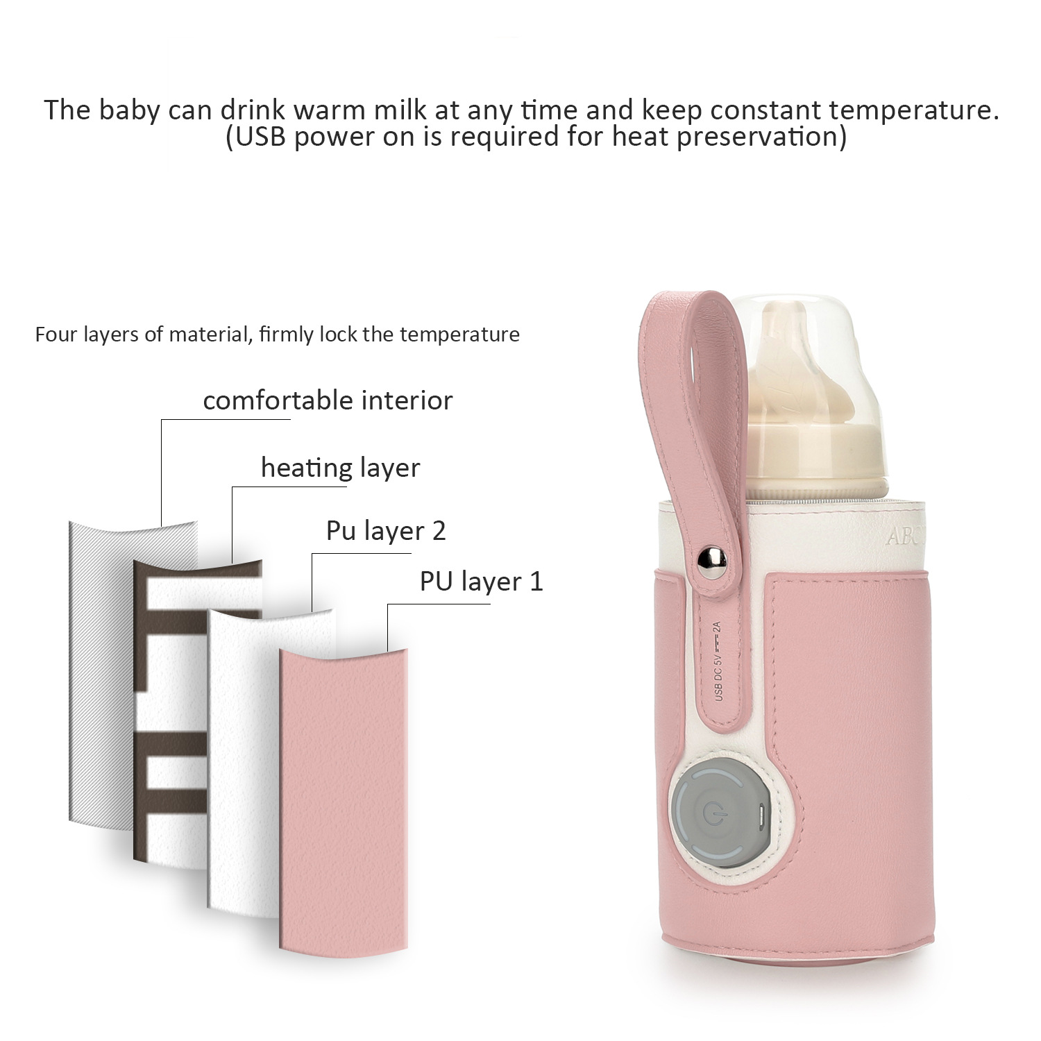 Rosa und weißer Babyflaschenwärmer mit Flasche. Diagramm, das Schichten zeigt.