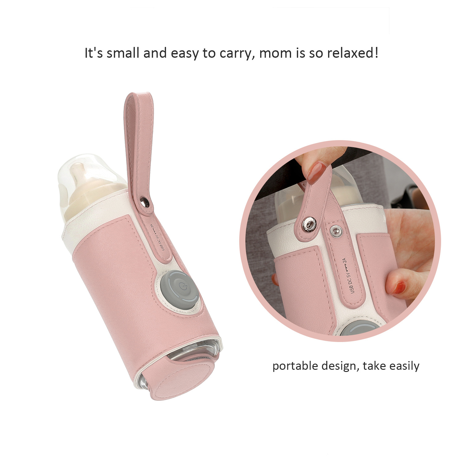 Ein Babyflaschenwärmer in Gebrauch. Er ist rosa und weiß, wird in der Hand gehalten. Der Text besagt, dass er klein und einfach zu tragen ist.