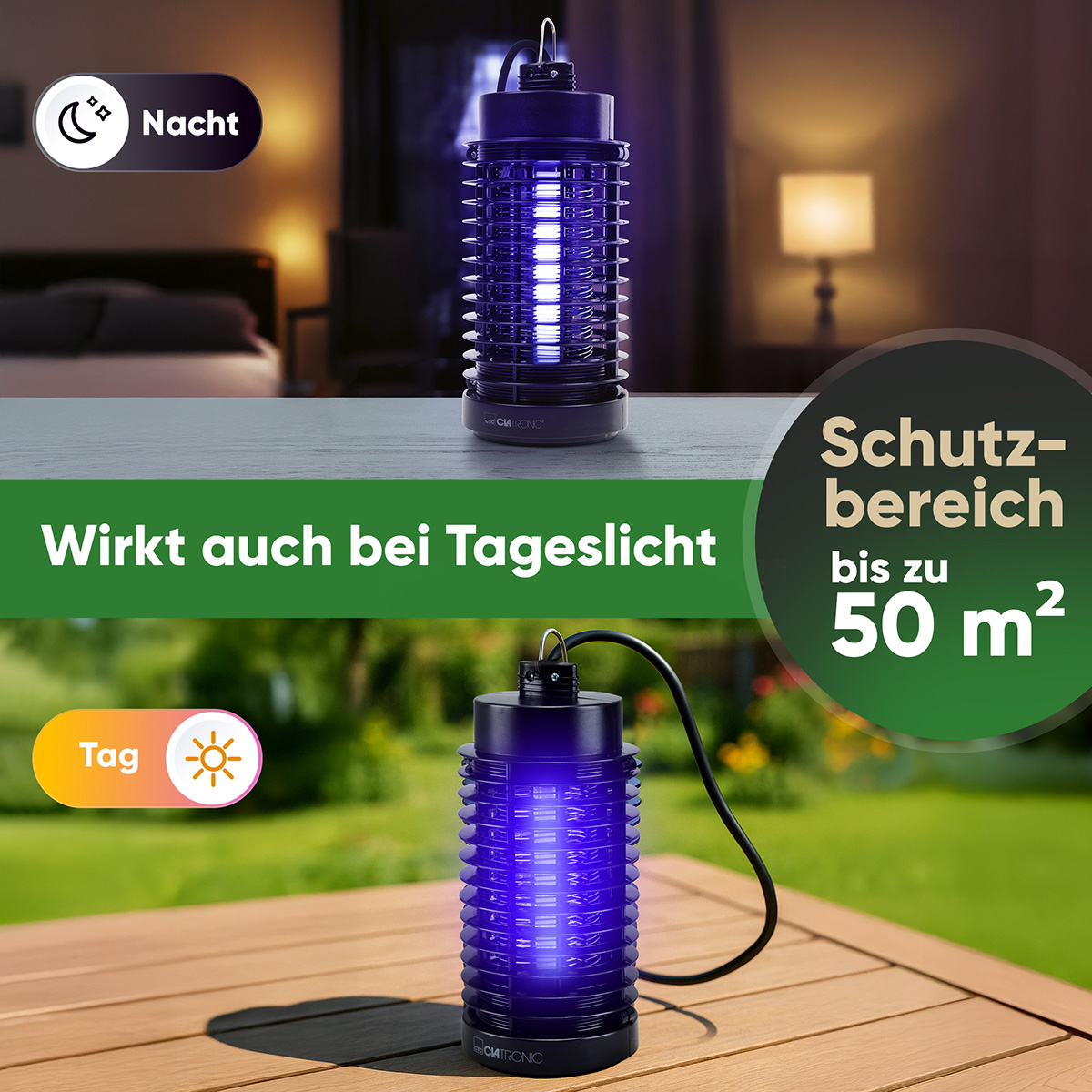 Zabójca owadów, czarny i niebieski, na stole. Pokazuje działanie w nocy i w dzień. Tekst mówi, że działa w świetle dziennym.