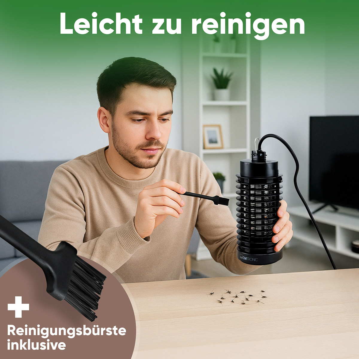 Mężczyzna czyszczący zaperacz owadów szczotką i grupa martwych owadów na stole.