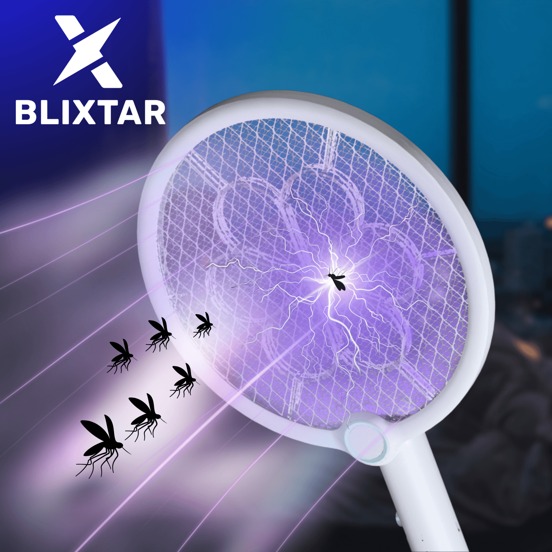 Elektryczna packa na komary z białym uchwytem. Fioletowe światło z komarami. Tło miasta o zmierzchu.