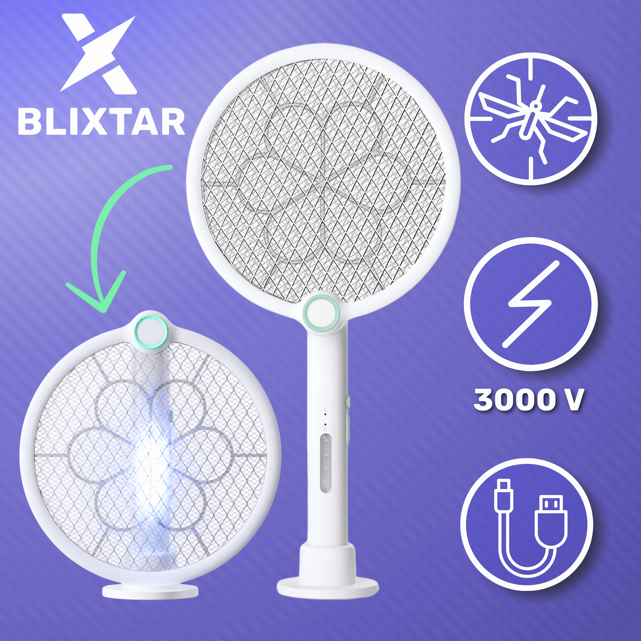 Biała rakieta na komary z portem ładowania i ikonami na fioletowym tle.