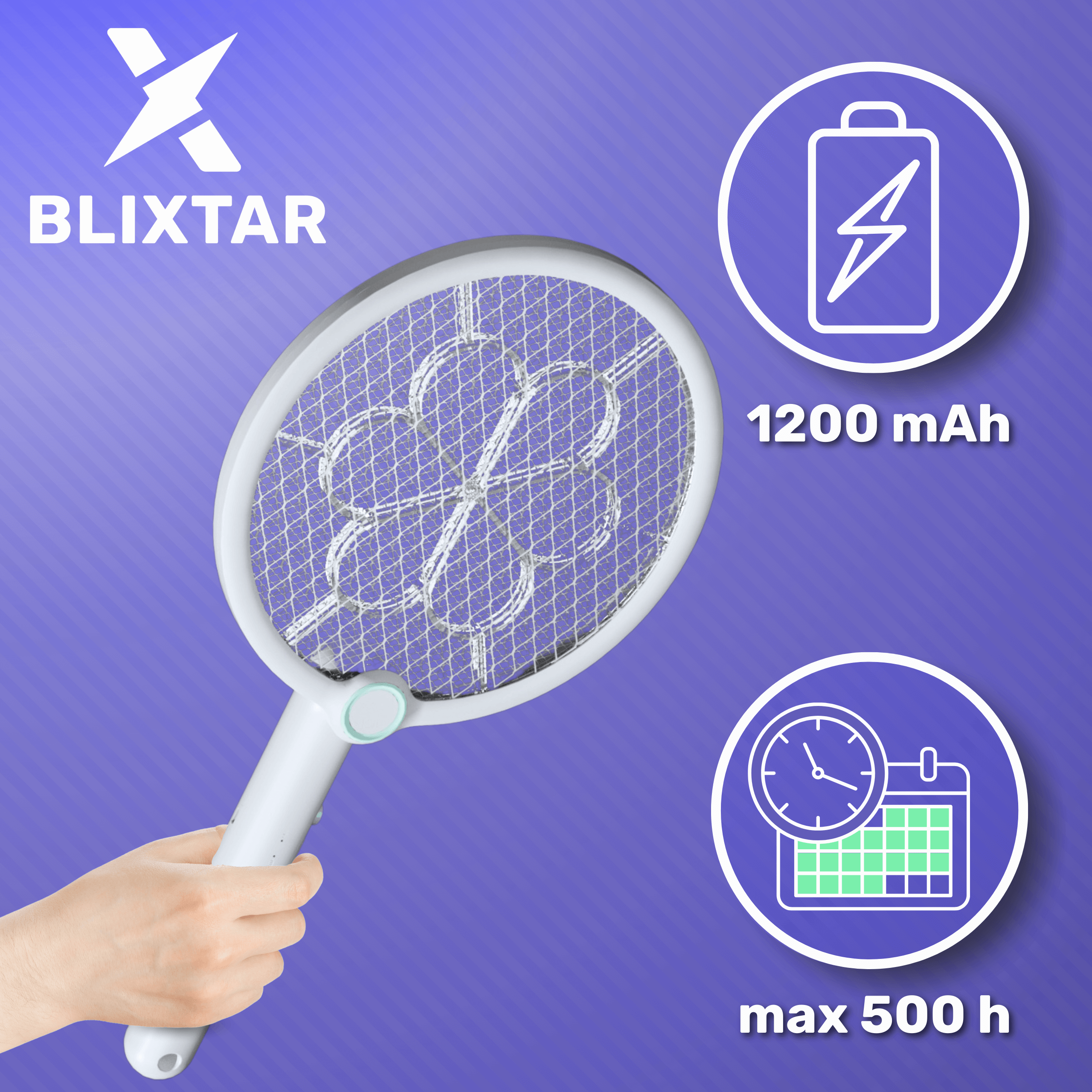 Biała elektryczna packa na muchy, z ręką. Info: 1200 mAh, max 500 h.