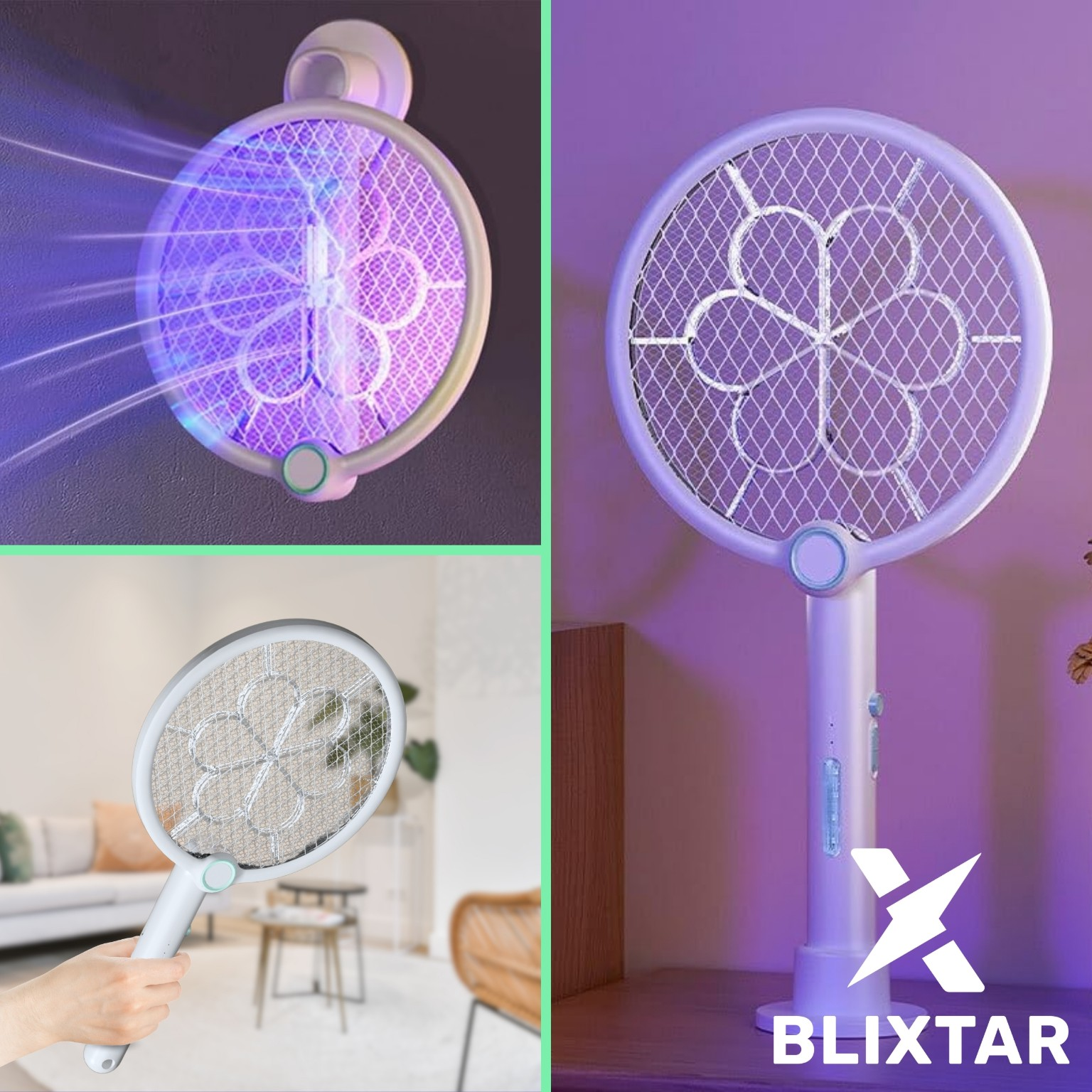 Elektryczna packa na muchy z niebieskim światłem i logo marki. Jest biała.