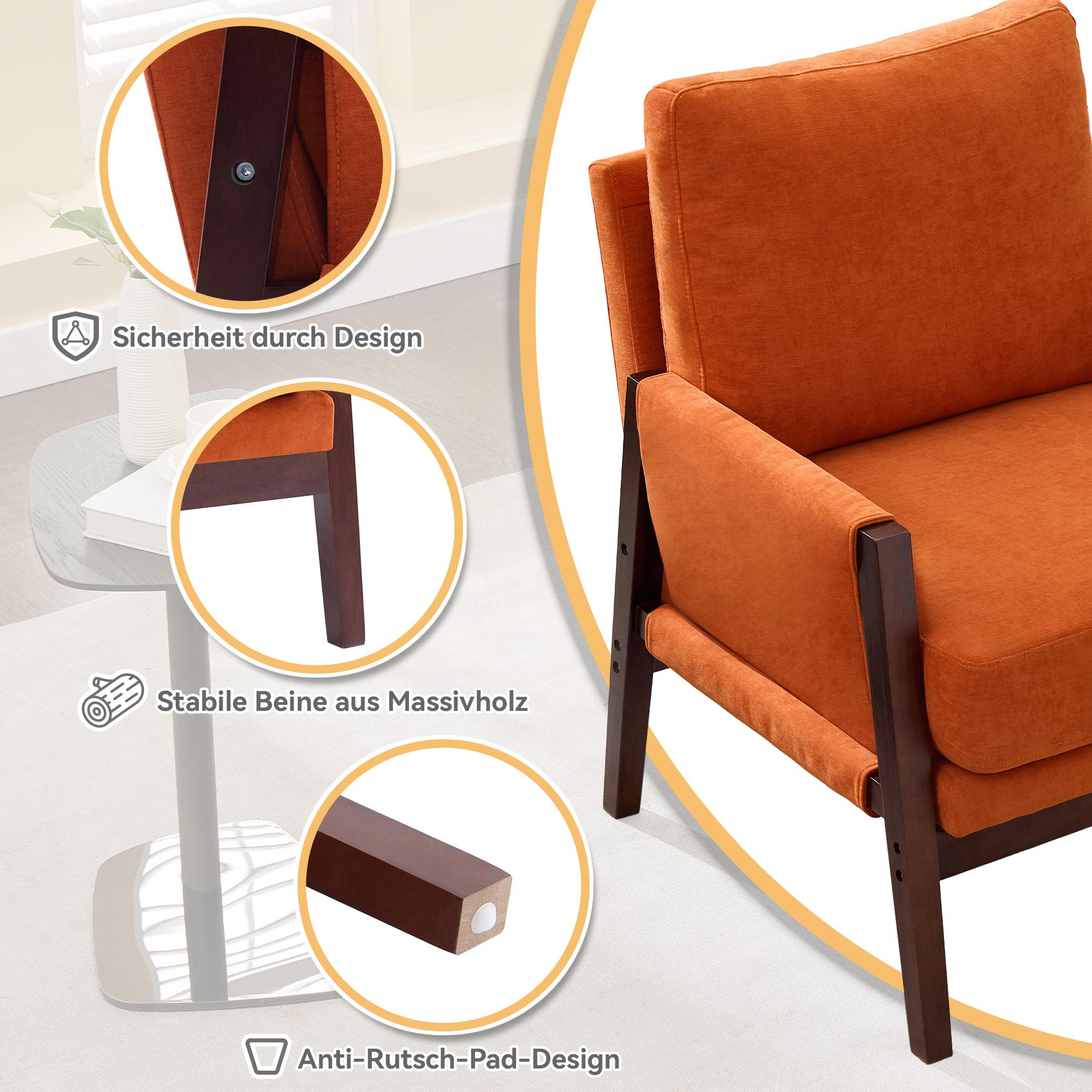 Details eines orangenen Sessels mit dunklem Holzrahmen und Anti-Rutsch-Pads.