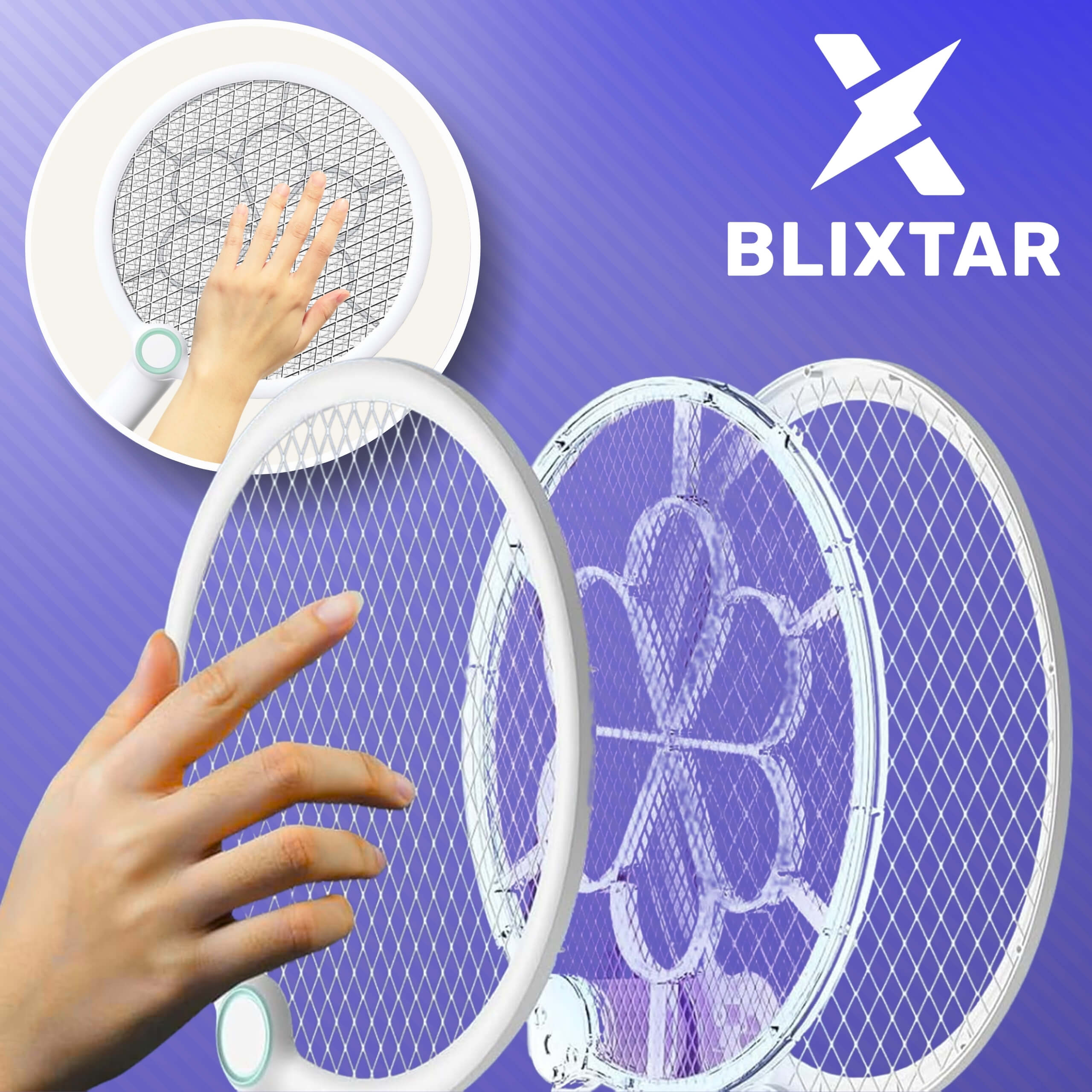 Elektryczna packa na muchy z białą ramą, pokazująca siatkę i testującą dłoń.