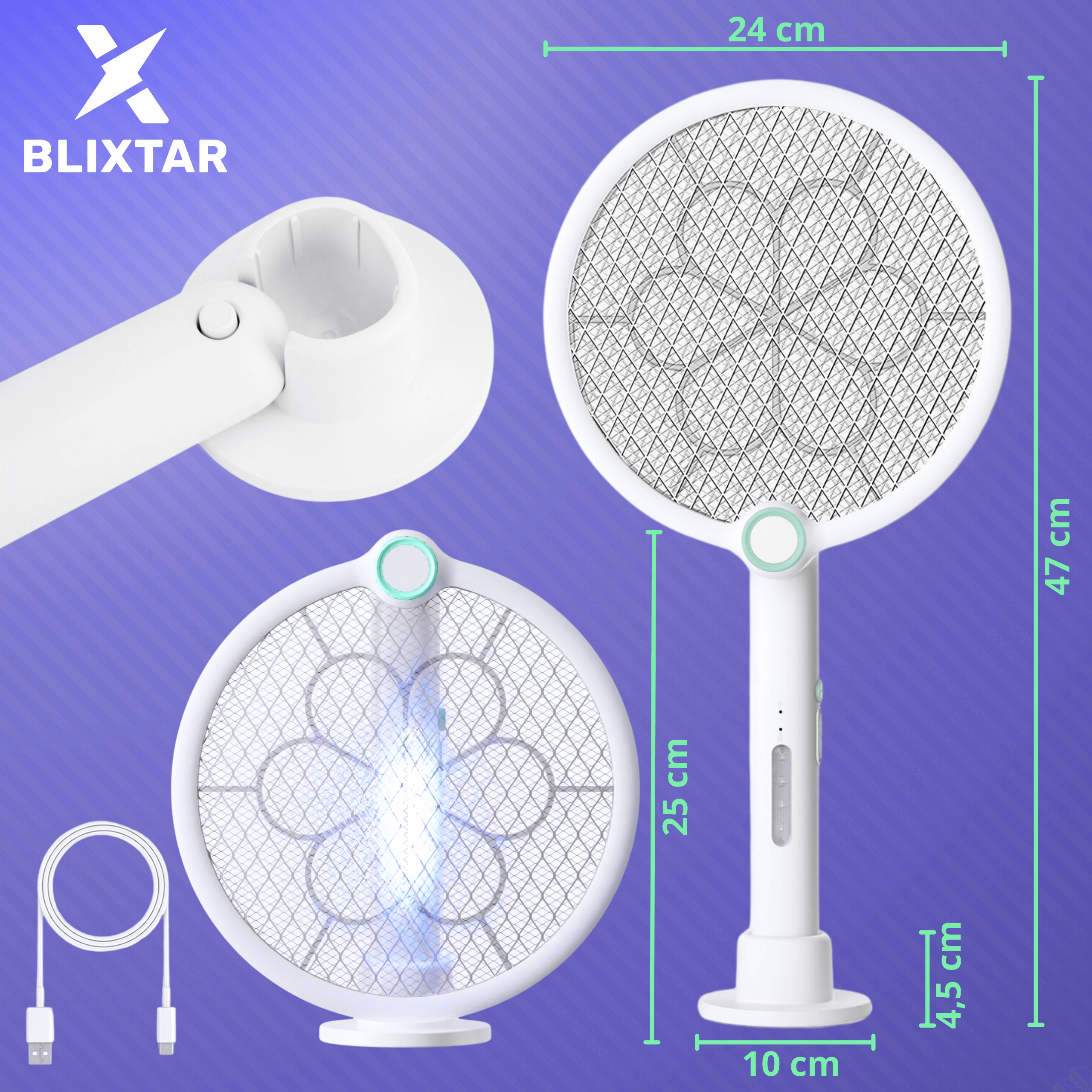 Biała elektryczna mucha na komary. Ma okrągłą siatkę i uchwyt. Widoczne są również wymiary i nazwa marki.
