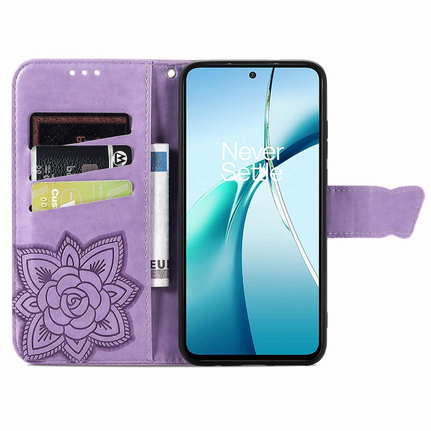 Funda de teléfono morada con teléfono dentro. Tarjetas y dinero en ranuras.