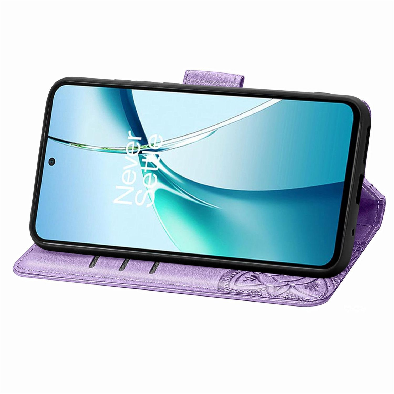 Funda de teléfono morada con un teléfono dentro. El teléfono muestra una pantalla.