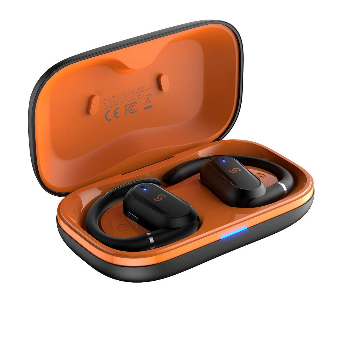 Auricolari neri e arancioni in una custodia. La custodia è aperta e gli auricolari sono dentro.
