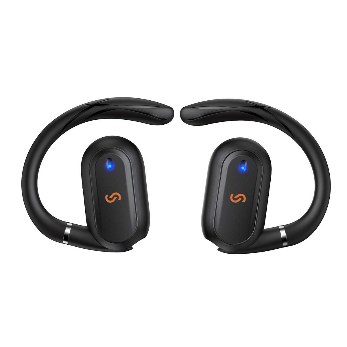 Auricolari wireless neri. Hanno un design curvo e un indicatore luminoso blu. Lo sfondo è semplice e bianco.