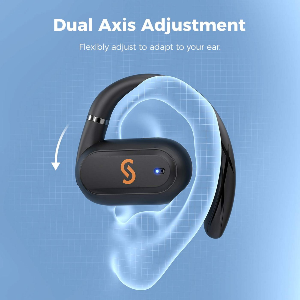 Auricolare nero e arancione. Ha un gancio per l'orecchio. Lo sfondo è blu.