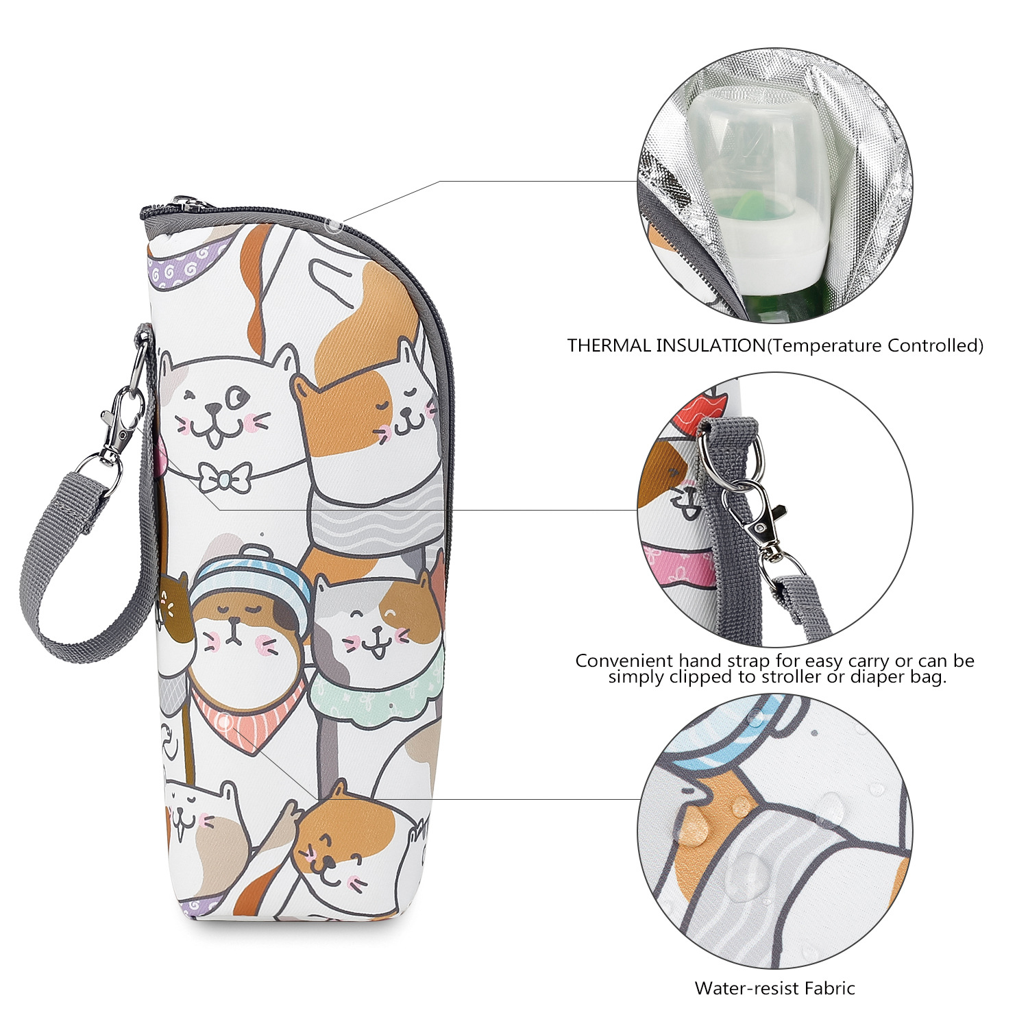 Eine weiß-graue Babyflaschentasche mit Katzenmuster. Mit Griff und Thermo-Isolierung.