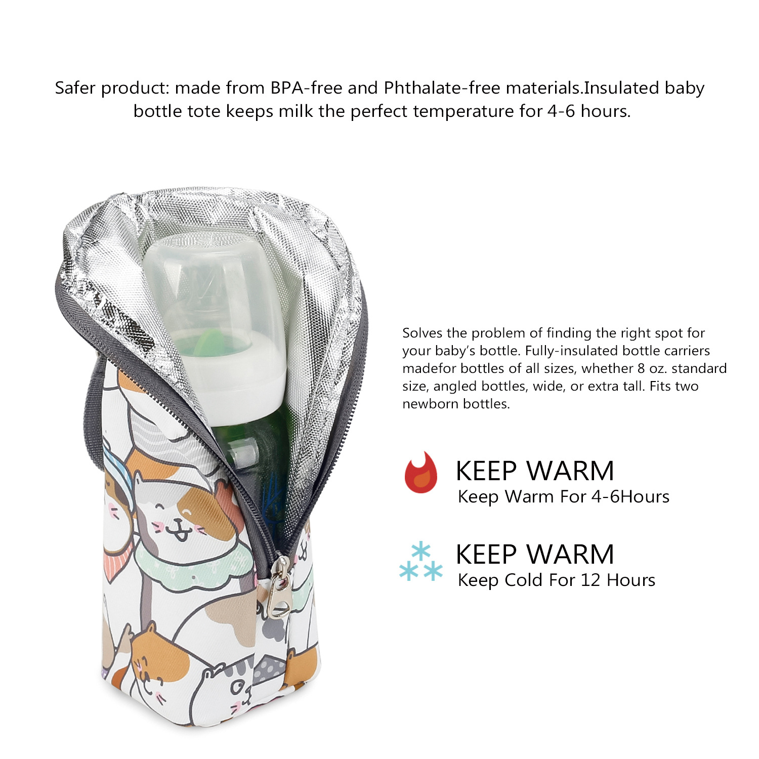 Babyflaschentasche mit Katzenmuster, Flasche innen und Text zum Warm- oder Kalthalten der Milch.