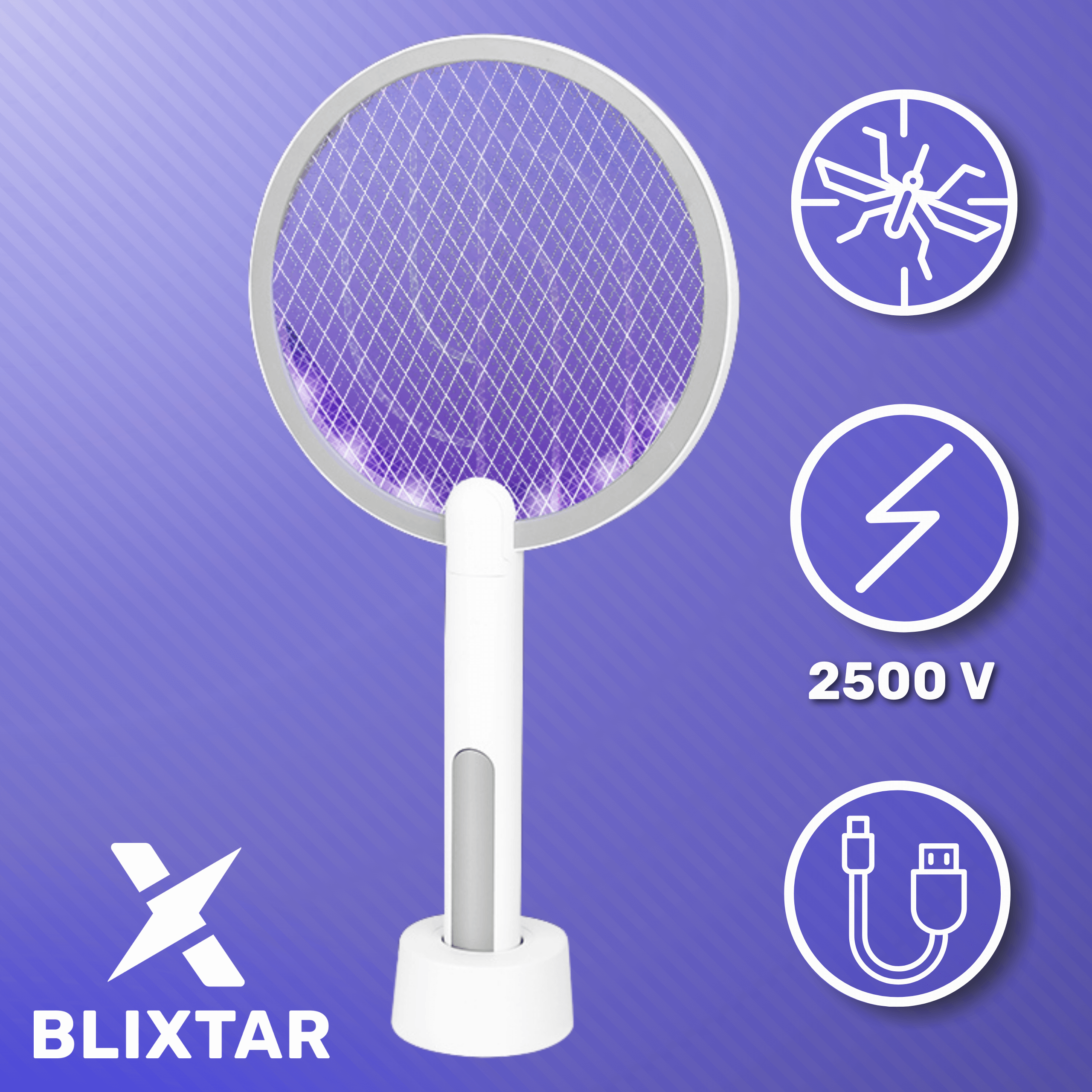 Biała elektryczna packa na muchy z tekstem i symbolami. Fioletowe tło.