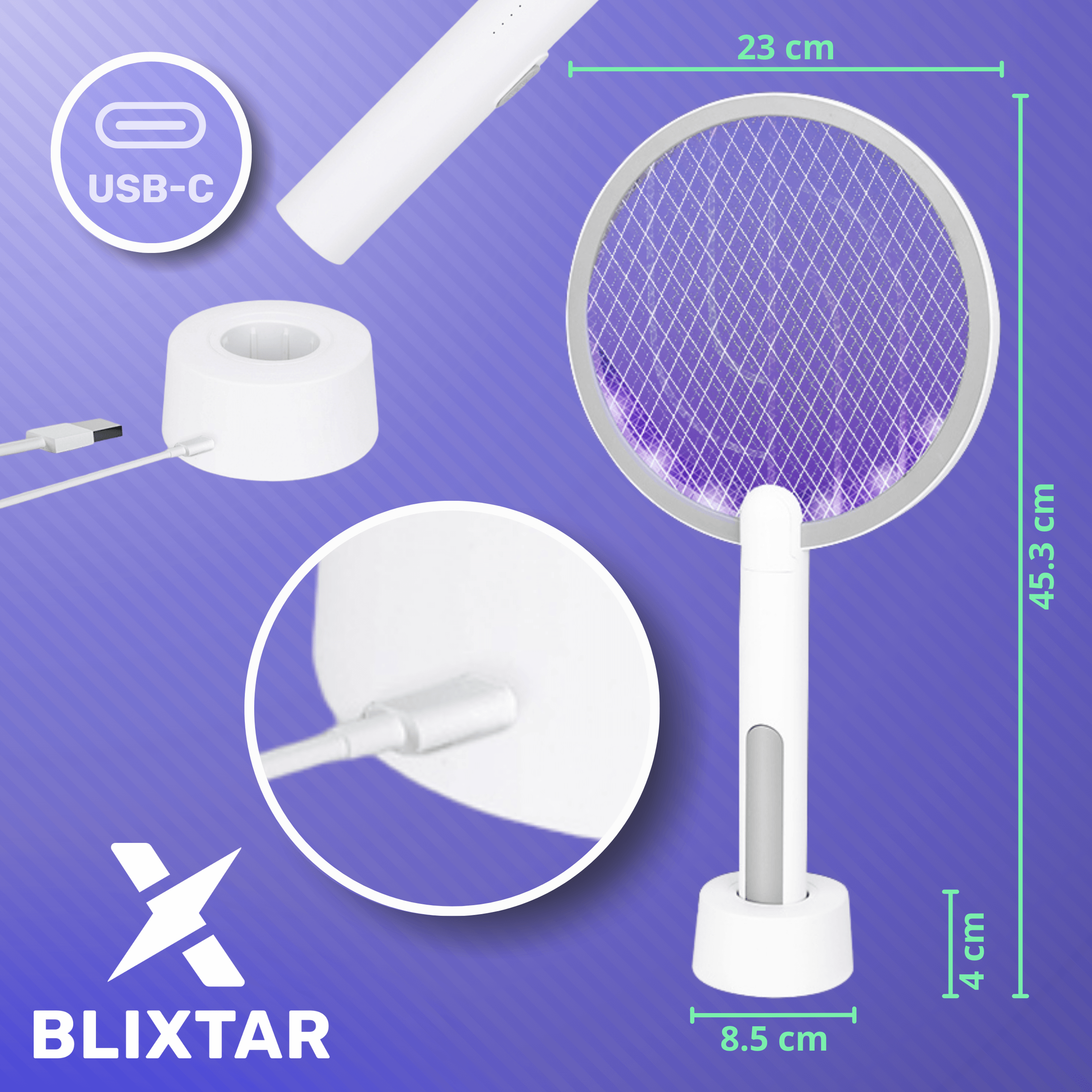 Biała lampa owadobójcza. Pokazuje wymiary, USB-C i podstawkę ładującą. Lampa ma fioletowe światło.