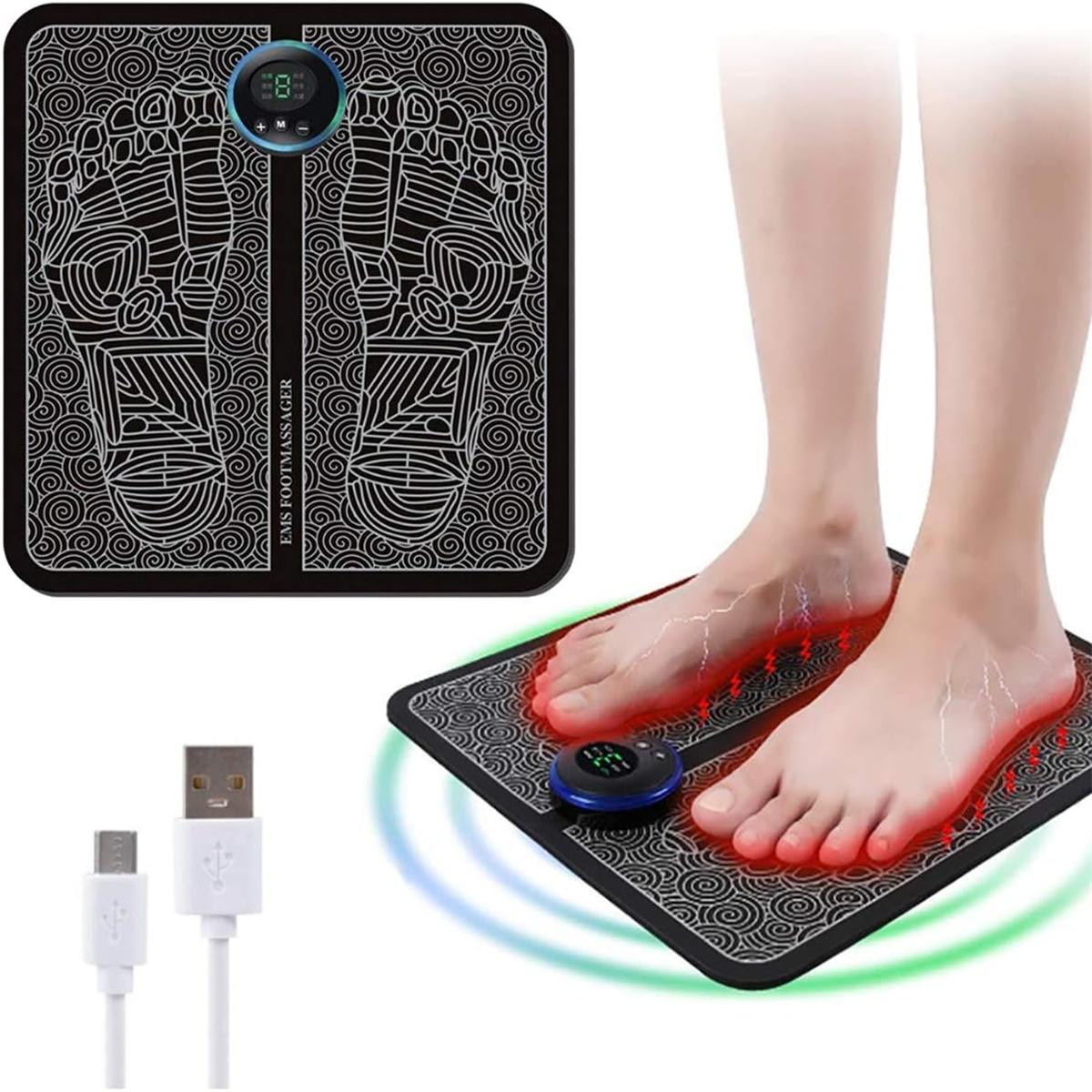 Füße auf einem EMS-Fußmassagegerät, mit Bedienfeld und der Fußreflexzonenkarte.