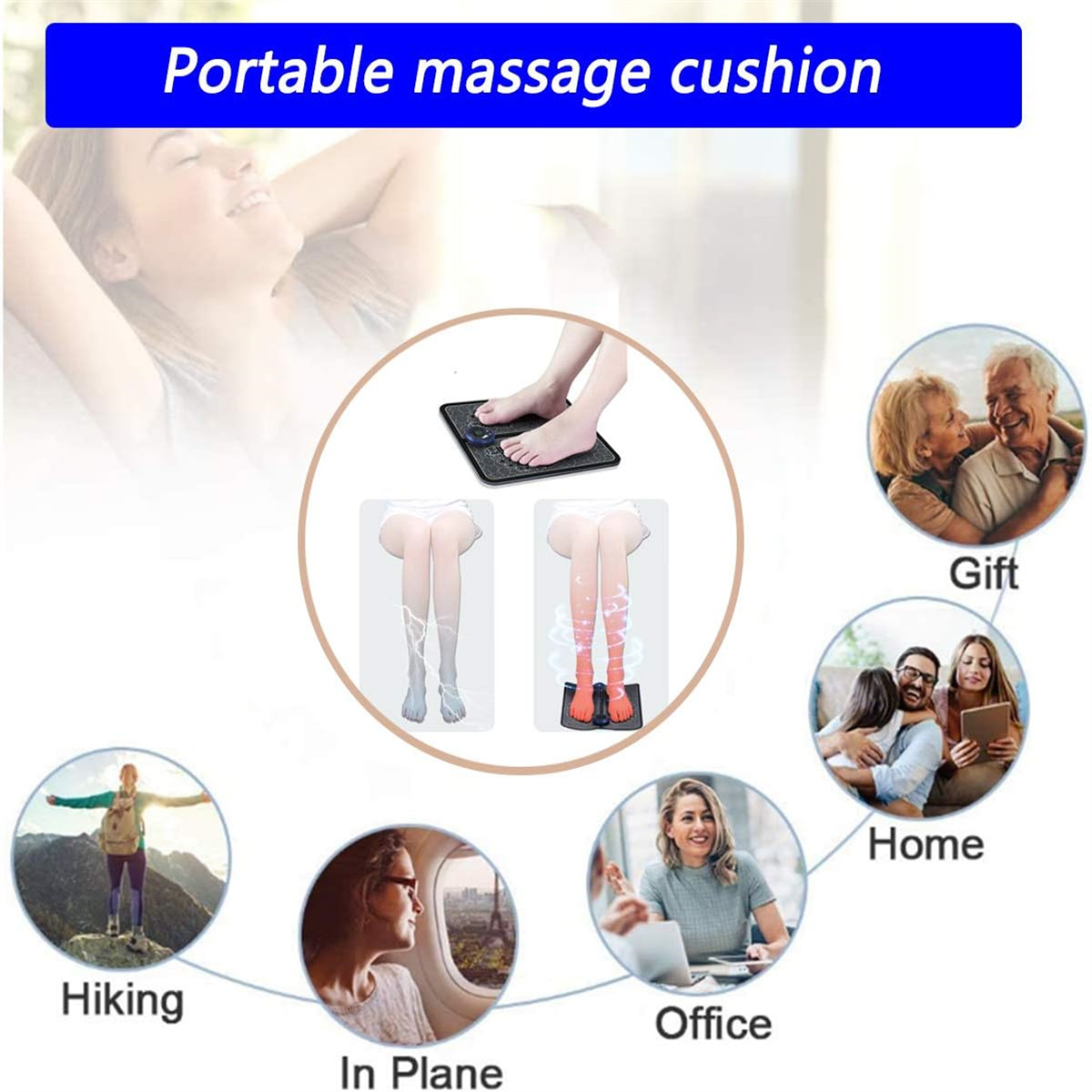 Tragbares Massagekissen, mit Bildern, die die Verwendung in verschiedenen Umgebungen zeigen.