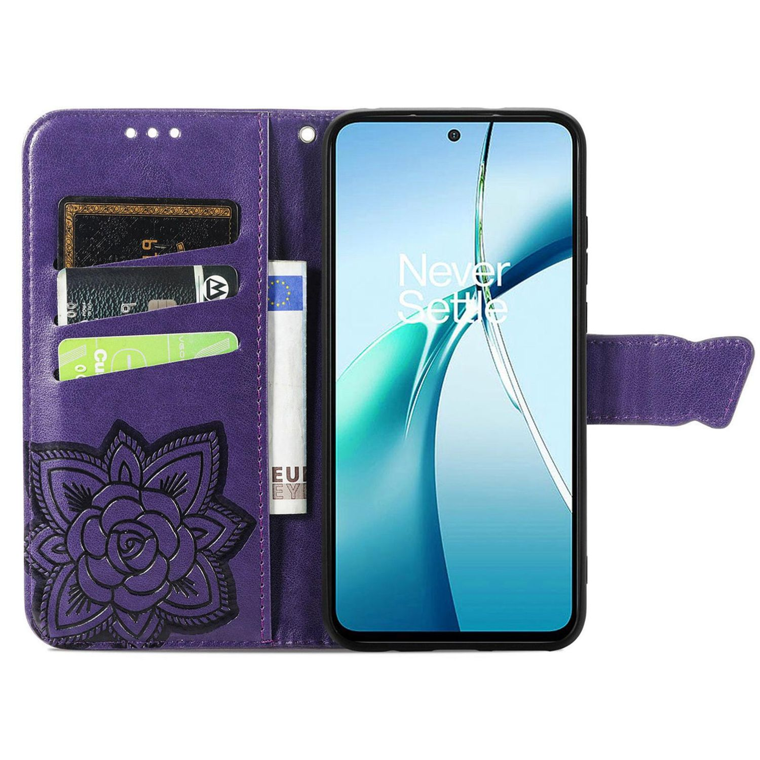 Funda de teléfono morada con diseño floral y bolsillos para tarjetas y dinero en efectivo. Un teléfono está en la funda.