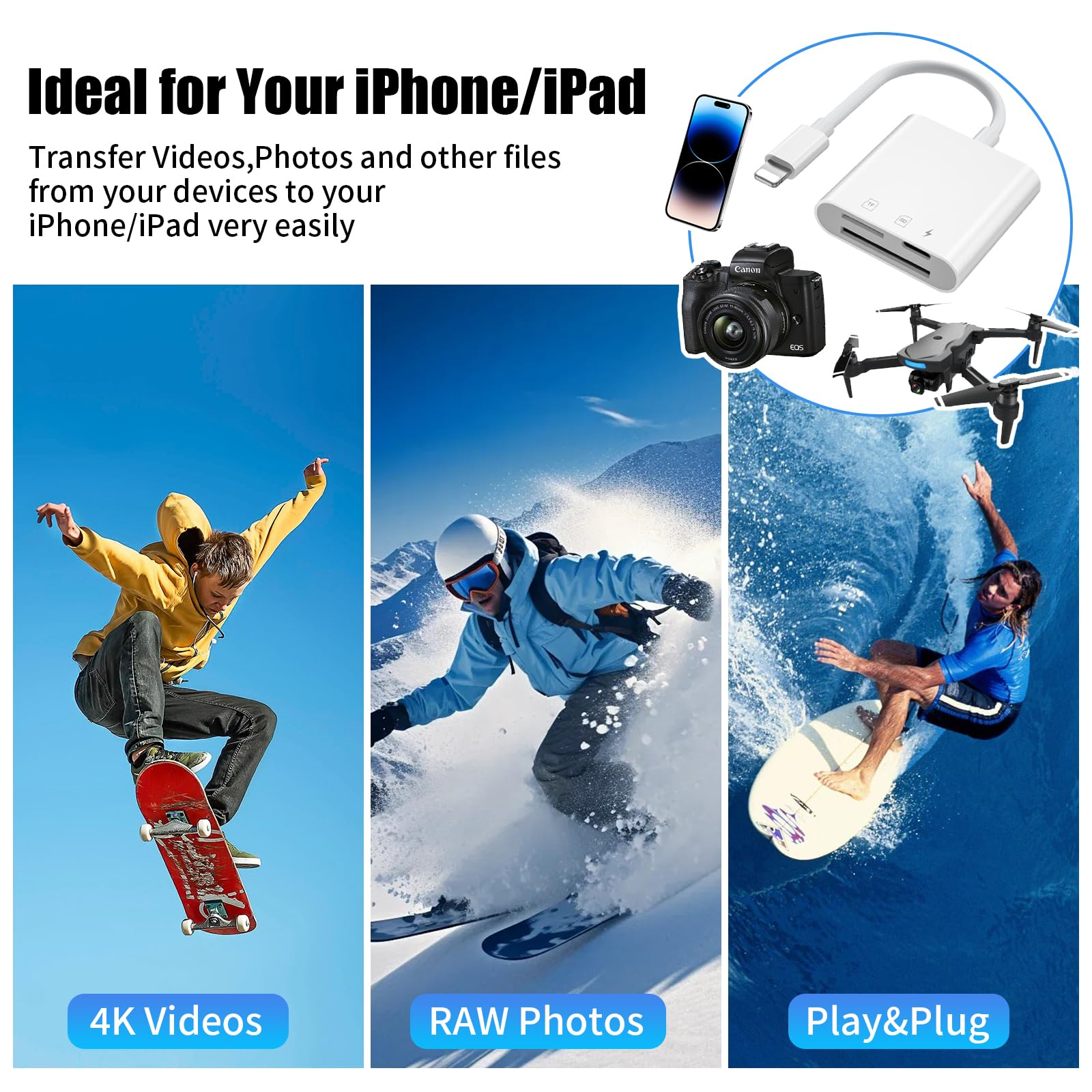 iPhone/iPad-Zubehör: Adapter, Kamera, Drohne und Surfer. Szenen der Action.