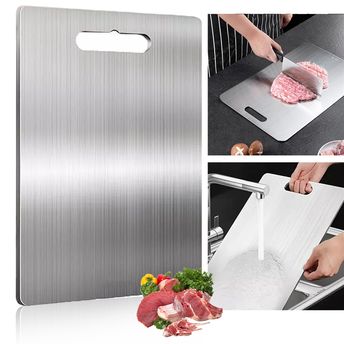 Schneidebrett aus Edelstahl mit verschiedenen Szenen der Essenszubereitung: Fleisch, Gemüse und Waschen.