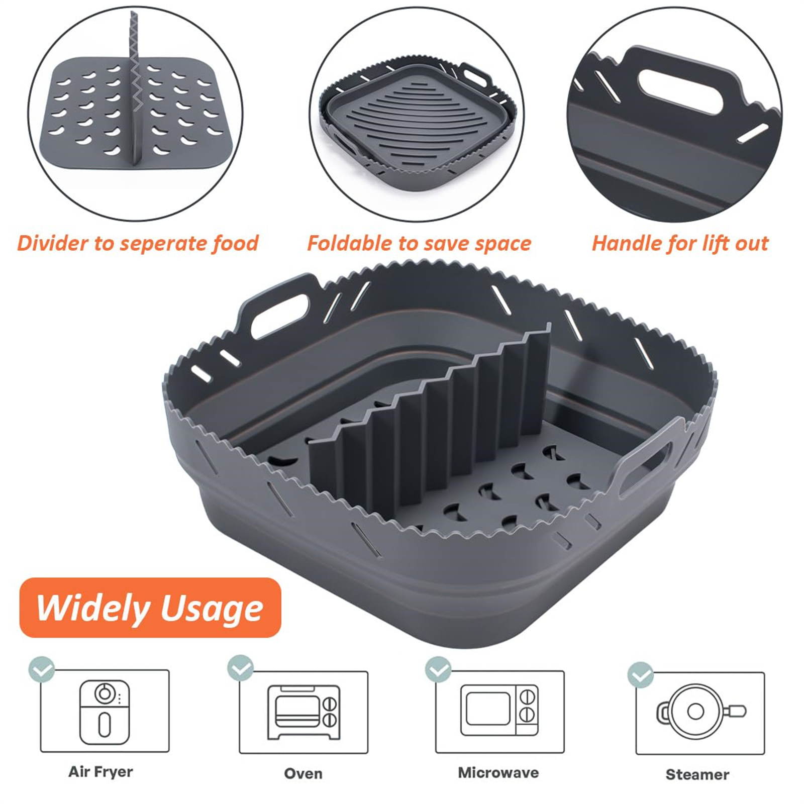 Grauer Silikon-Airfryer-Korb mit Teiler, faltbar und mit Griffen. Symbole zeigen die Verwendung: Airfryer, Backofen, Mikrowelle und Dampfgarer.