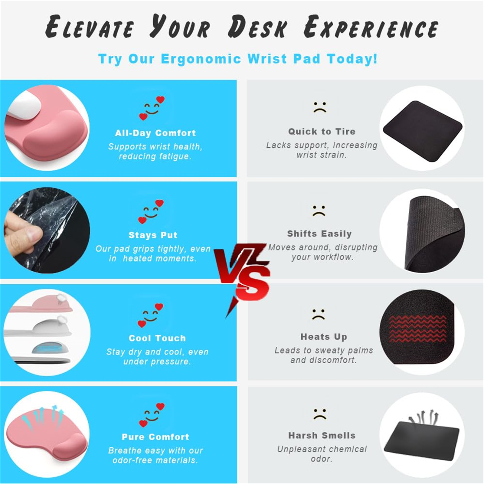 Ein ergonomisches Handgelenkauflagen-Set mit Vor- und Nachteilen. Pink vs. schwarzes Pad.