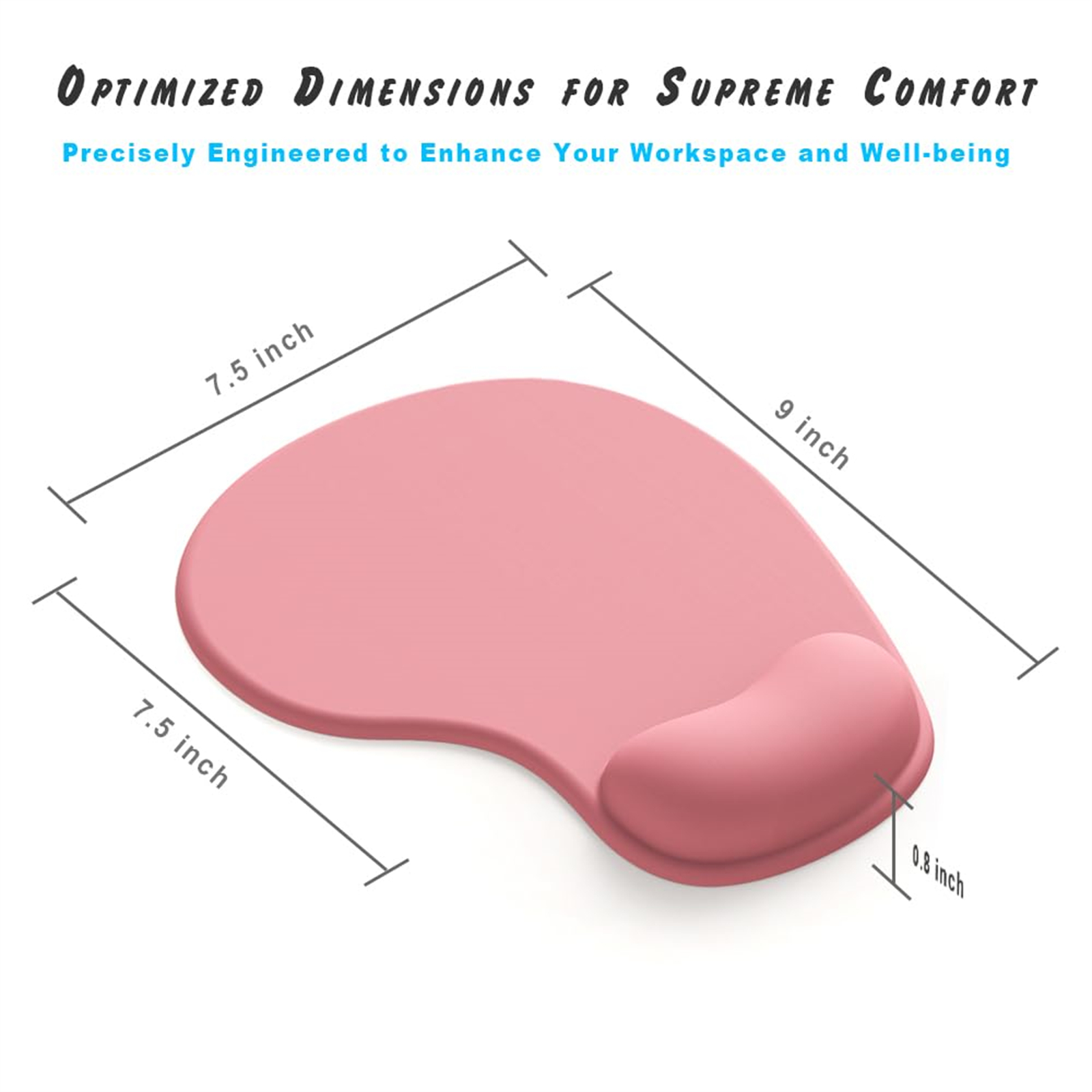 Rosa ergonomisches Mauspads mit Maßen: 7,5 x 9 x 0,8 Zoll. Es hat eine geschwungene Handgelenkauflage.