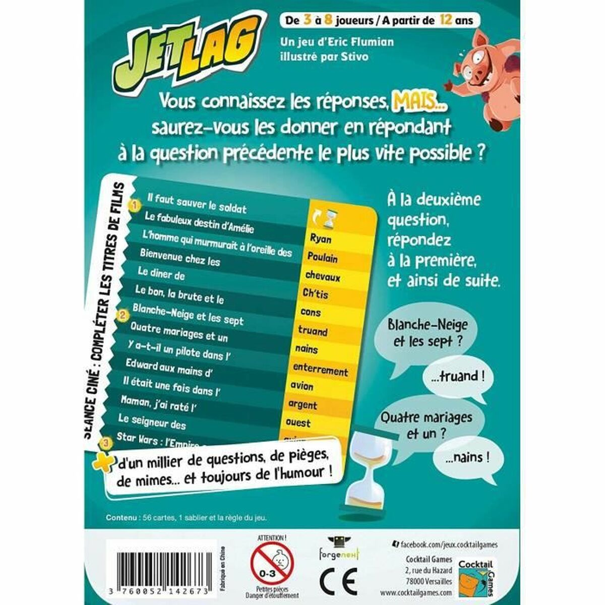Tabellone di gioco con testo e istruzioni di gioco e un maiale rosa.