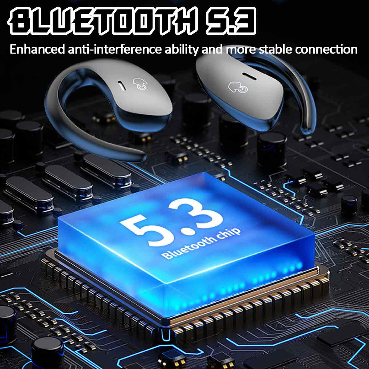 Kopfhörer mit Bluetooth-Chip, mit blau leuchtendem Hintergrund.