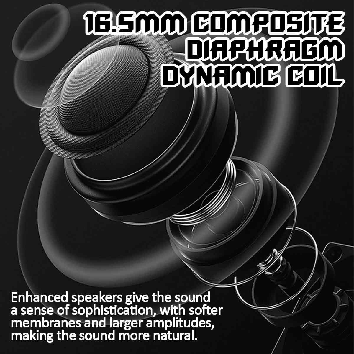 Schwarze Lautsprechermembran mit Text: 16,5 mm Verbundmembran dynamische Spule.