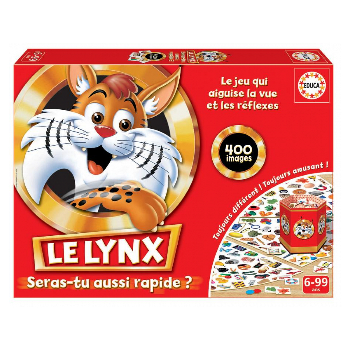 Le Lynx bordspel doos. Rode doos met speld details, 400 afbeeldingen. Lynx afbeelding op de doos.
