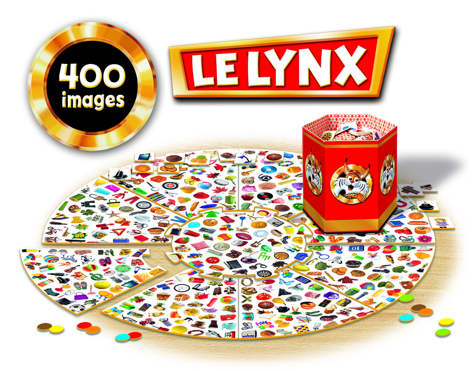Le Lynx bordspel, componenten. Het spelbord is cirkelvormig met afbeeldingen. Een rode doos staat in de buurt van het bord.
