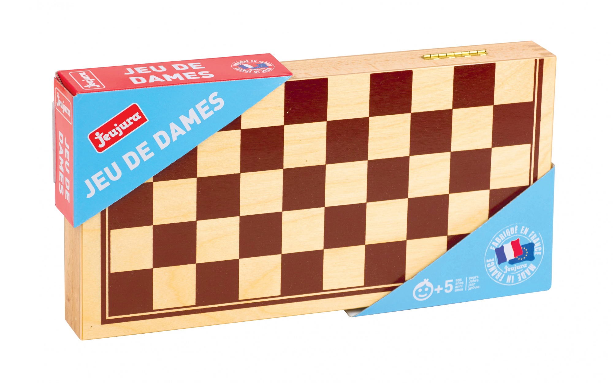 Una scacchiera in legno in una scatola con un'etichetta blu e rossa.