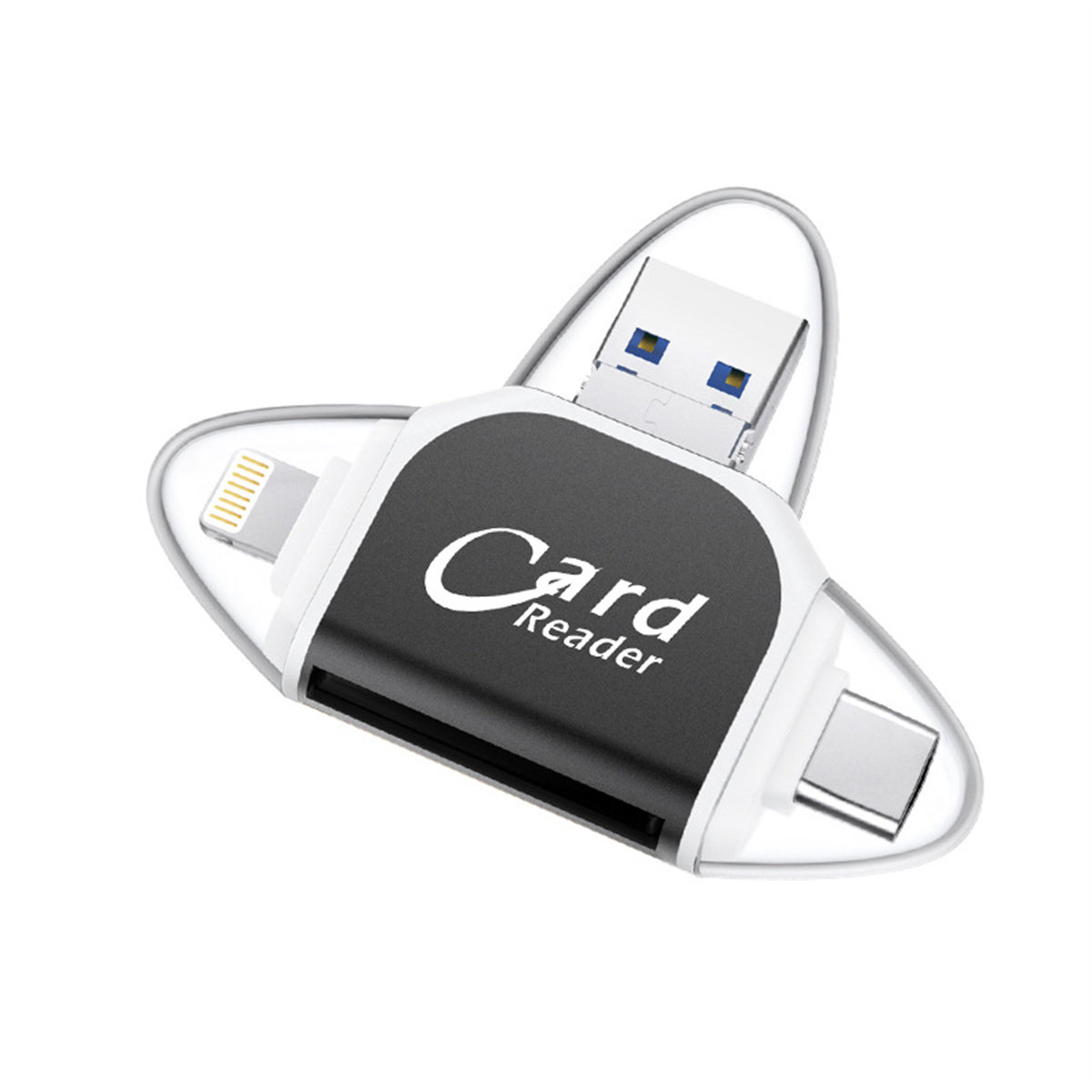 Kartenleser mit USB-, USB-C- und Lightning-Anschlüssen, geformt wie ein Propeller.