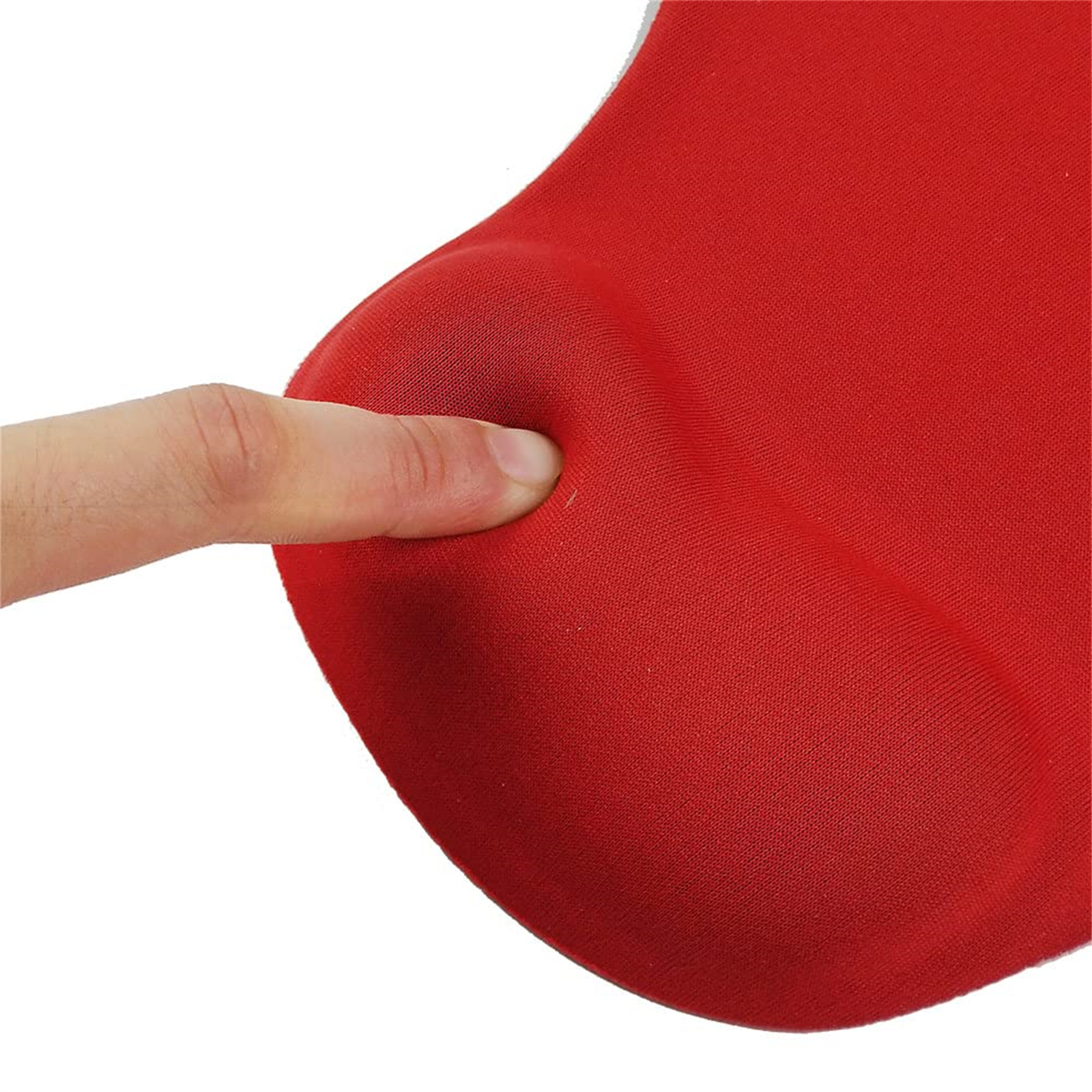 Ein Finger drückt auf eine rote ergonomische Handgelenkstütze, weißer Hintergrund.